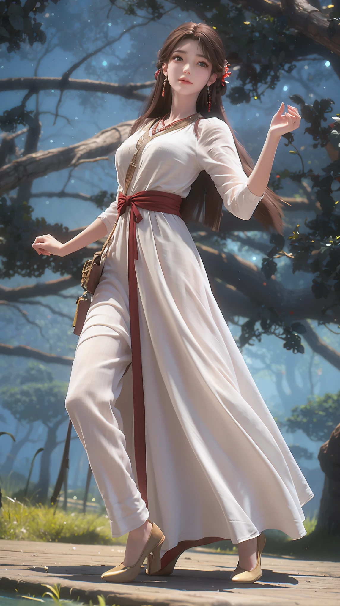 ((Biologically correct number of limbs))、(( Full body image（Including the face）))、4k、masterpiece、((Focus on the face))、((Symmetrical facial features))、The eyes are described in detail、Beautiful woman、Outstanding style、Beautiful arms、Beautiful legs、beautiful hands、(slim)、Facial details、Small earrings、necklace、(white shiny、Shiny dress、High heel、radiant skin）Smile、（Beautiful legsのアップ）、Sweat，Starry Sky，Starry Sky背景，Deep View，above water
