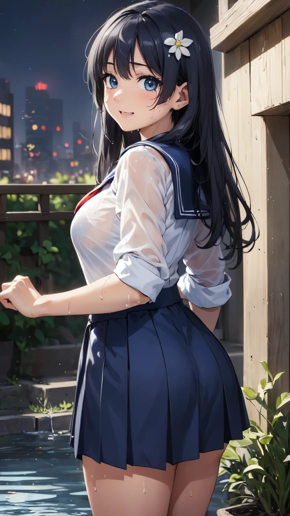 (masterpiece:1.3),(Ultra HD:1.3),(Ultra-high resolution:1.3),8k,very precise detailed,ultra high resolution,woman,,,city,night,(((Sailor suit,Navy Blue Skirt))),,smile(())(See through),(()),((But Saten)),blush、Surprised face,((())),((Looking Back))(Wet with sweat),White flower hair ornament,Hime cut,