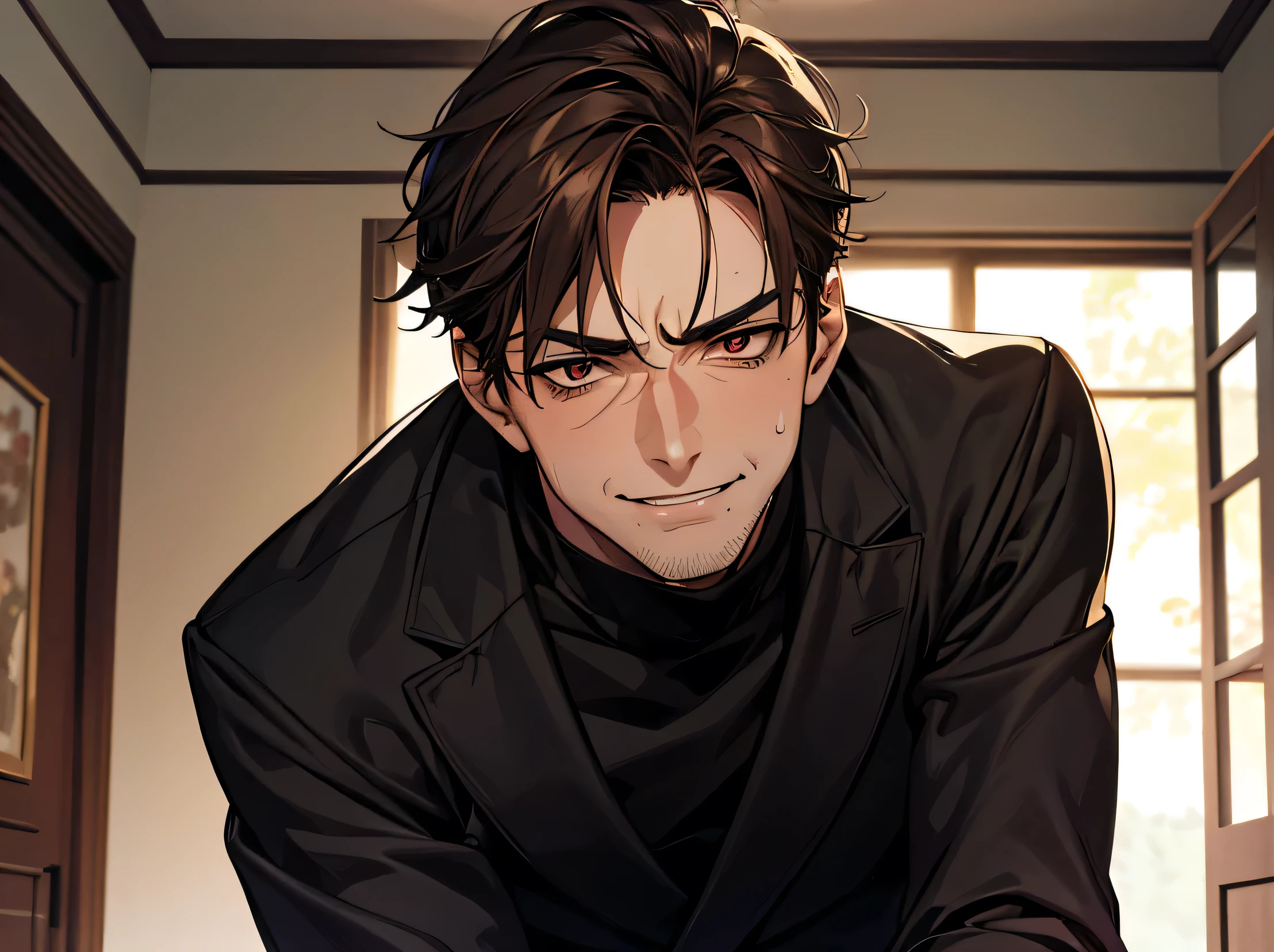 (Dark Room)、Moon night,Dynamic Angle,masterpiece,Face close-up,Angle from below,male,Muscular, 45 years old,(male1 person)、Old man,A slightly aged face,alone,Adult,Rin々Funny face,Sharp Eye,Evil smile brown hair,all back,Kakiage,Black Suit,Black turtleneck,No ribbon,sweating,,smile,An inappropriate smile,Background mansion room,night,