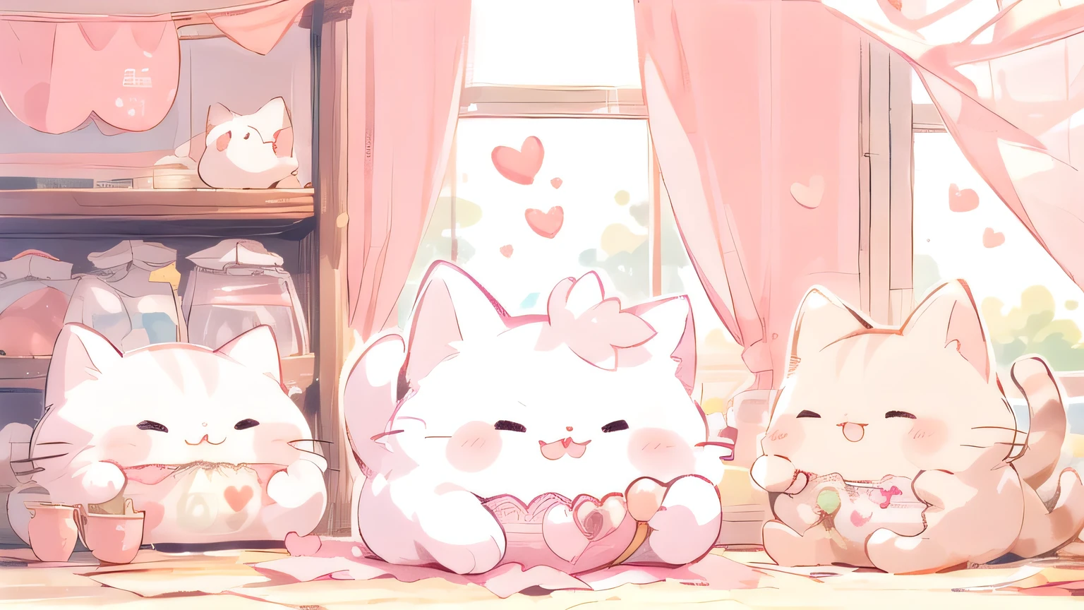 A cute cat with round eyes,Pink Curtains、Cute room, Sunlight outside the window、One White Cat,Many hearts