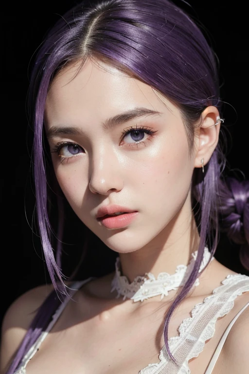 best quality,masterpiece,extremely detailed,high res,4k,ultra high res,detailed shadow,ultra realistic,realistic,dramatic lighting,1girl,solo,detailed face,realistic eyes,realistic skin,white dress,purple hair,dynamic pose, white lace dress