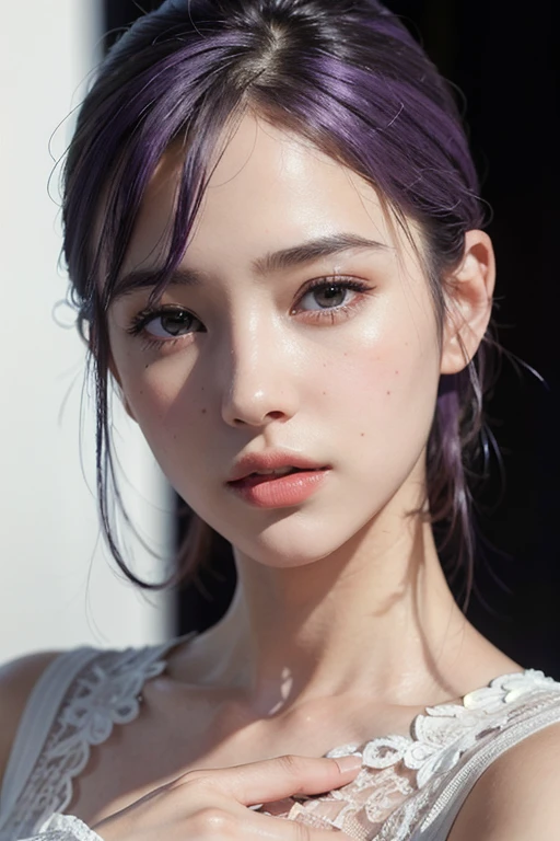 best quality,masterpiece,extremely detailed,high res,4k,ultra high res,detailed shadow,ultra realistic,realistic,dramatic lighting,1girl,solo,detailed face,realistic eyes,realistic skin,white dress,purple hair,dynamic pose, white lace dress