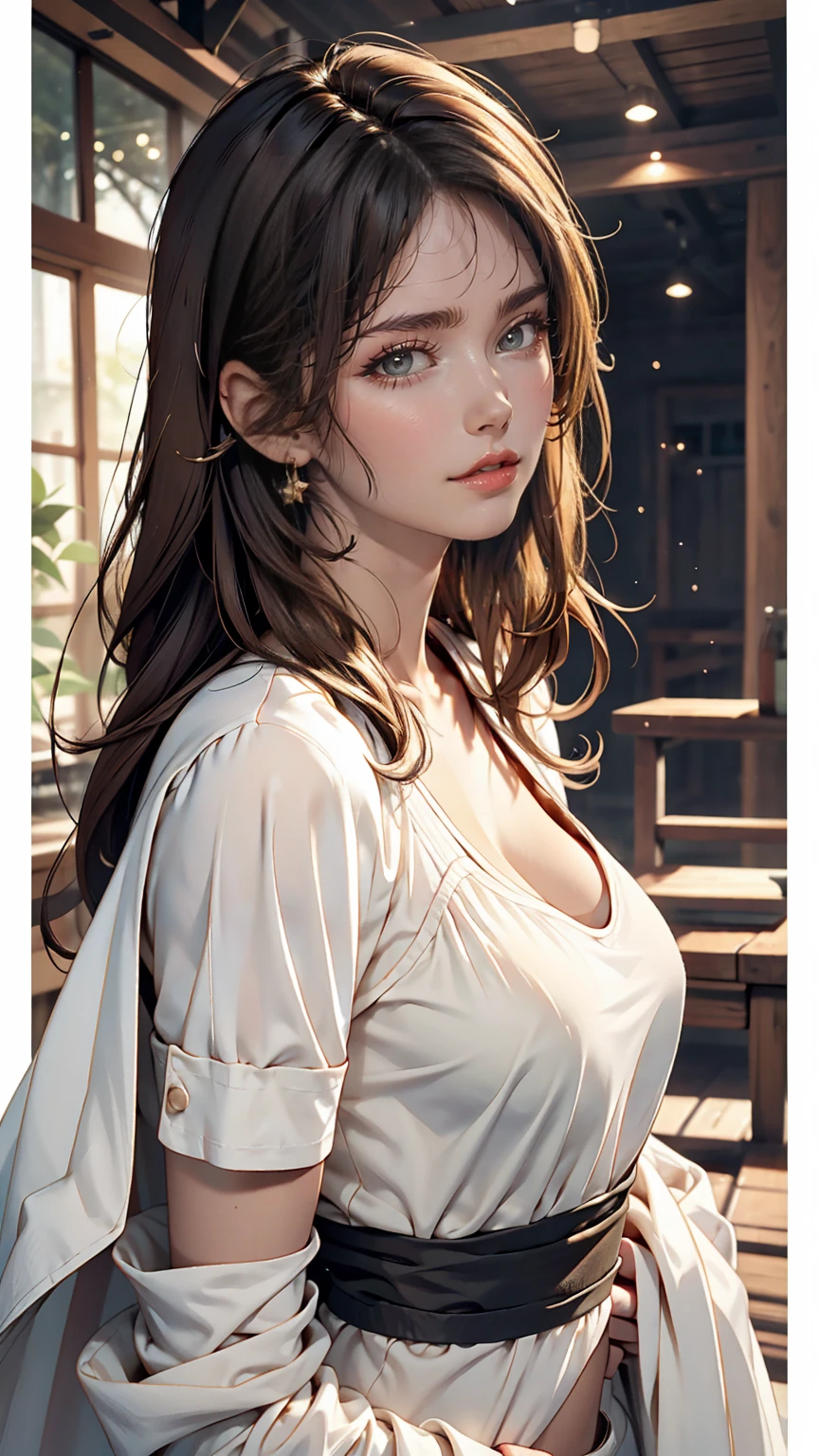 Asian, beautiful, thin, cute, 30th Generation, beautiful Face, beautiful Skin, actress, mature, Upper Body, Light brown hair, thin髪, Live Action, masterpiece, highest quality, Highly detailed CG Unity 8K wallpaper, Ultra-high resolution, Casual Fashion, Lighting, Summer Fashion, (Natural brown hair: 0.8), (Puffy eyes), Watch the audience, turn around, Bleached Hair, Model pose, White Background, Delicate skin types, Light curly hair, Put your hands around your mouth, White T-shirt, Hair model photo