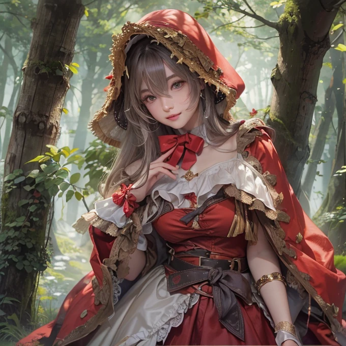 Standing in the forest、Hair flow、 ((highest quality、masterpiece、8k、Best image quality、Ultra-high resolution、Award-winning works)、(Accurate anatomy:1.1)、(Look at me and smile:1.1)、Shining fair skin with Ultra-high resolution、The most detailed face、Ultra-high resolution detailed face、Ultra-high resolutionの髪の毛、(Ultra-high resolution eye:1.1)、Beautiful face drawn in every detail、little red riding hood Costume , Chest to chest, Strange atmosphere, A real werewolf stares at her......, Dark Light, in the forest , Heavy makeup