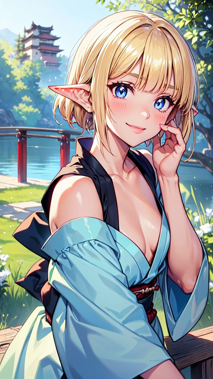 Very close、16k、masterpiece、High resolution、High resolution、Samurai、((ung elven woman))、((Beautiful white skin))、((Beautiful blonde))、((Small breaunhead、short hair、((Beautiful Blue Eyes))、((Pointed Ears))、Smiling Kindly、smile、blush、Pink Lip Gloss、Shiny skin、((Samuraiの鎧を着る))、((Japanese Castle))、Courting me、((Put your hand on your cheek))