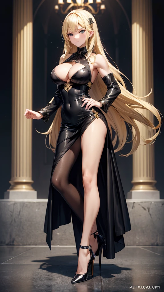blonde beauty,muscle,Abdominal muscles,cleavage,Hairpin,Black evening dress,Bare Legs,high heels,palace