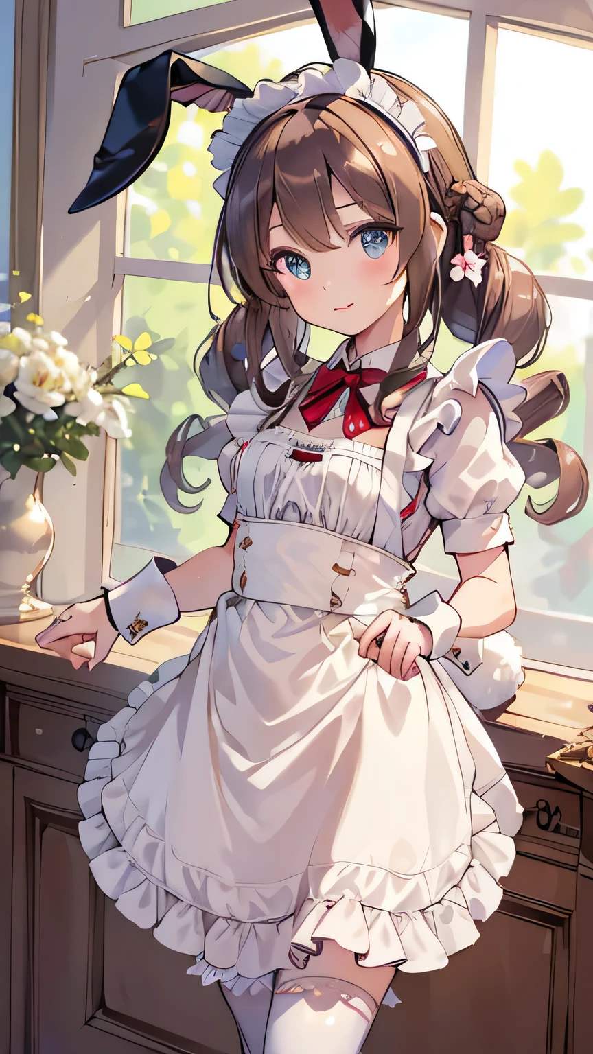 ((best quality)), ((masterpiece)), (detailed), perfect detailed eyes, perfect detailed face, ultra-detailed nose, brown hair, twin drills, hairband, rabbit ears, rabbit tail, blurry, reflection light, dutch angle, maid outfit, maid girl, frilly apron, Palace, mansion