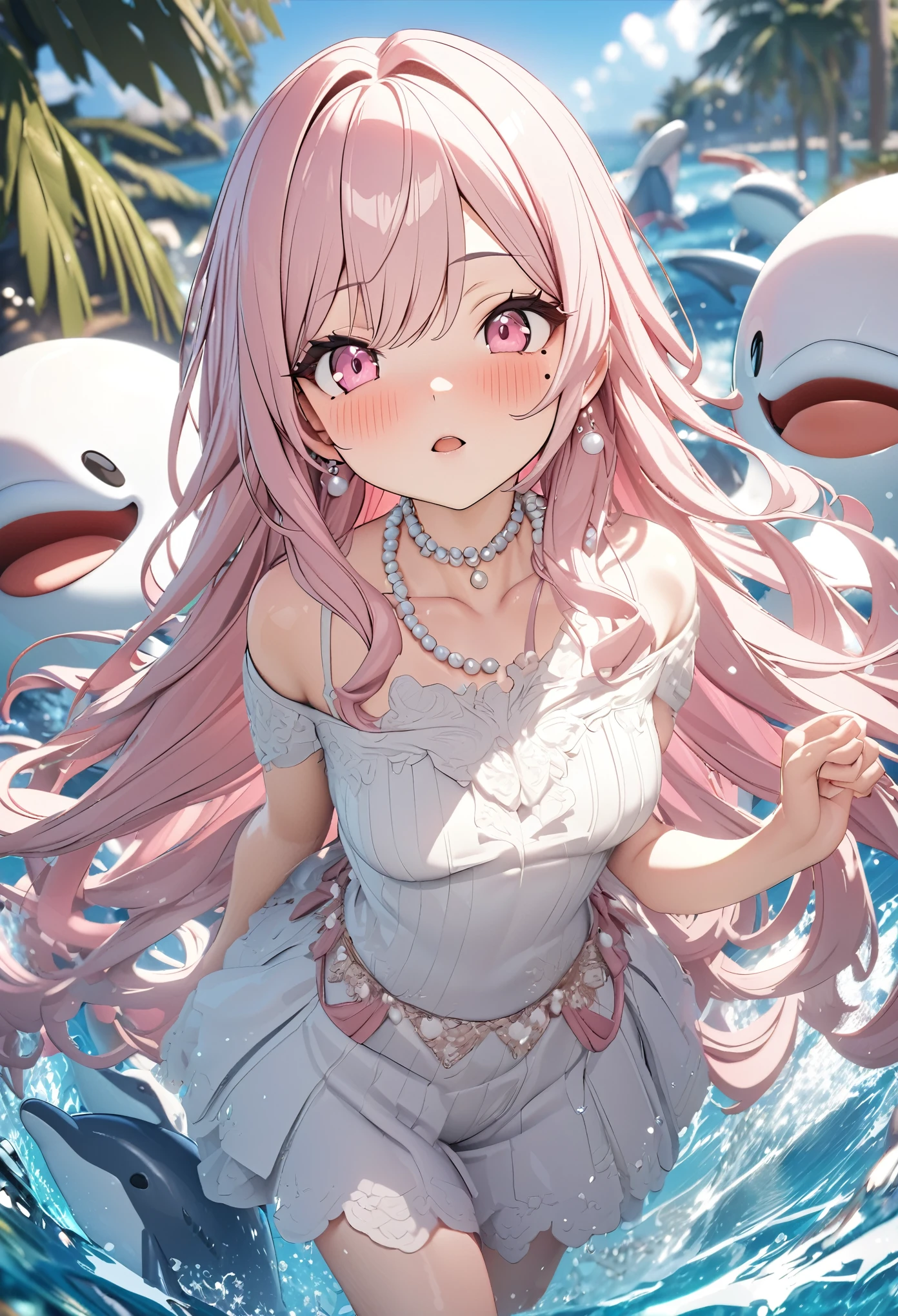 masterpiece, best quality, highly detailed, high resolution, expensive resolution, high resolution, 4k, 8k, Unity 8k wallpaper, highly detailed CG, masterpiece, 2d, 3d, beautiful details, depth, fine texture, best quality: 1.3, perfect focus, crispy skin, him, very cute anime girl, girl with pearl necklace and pearl earrings, idol. Background is ocean with dolphins jumping, scallops dancing, palm trees, expensive, pink medium long hair, mole under eye, looking at the viewer, expensive, blush, mole, open lips, , heart, pink eyes, choker