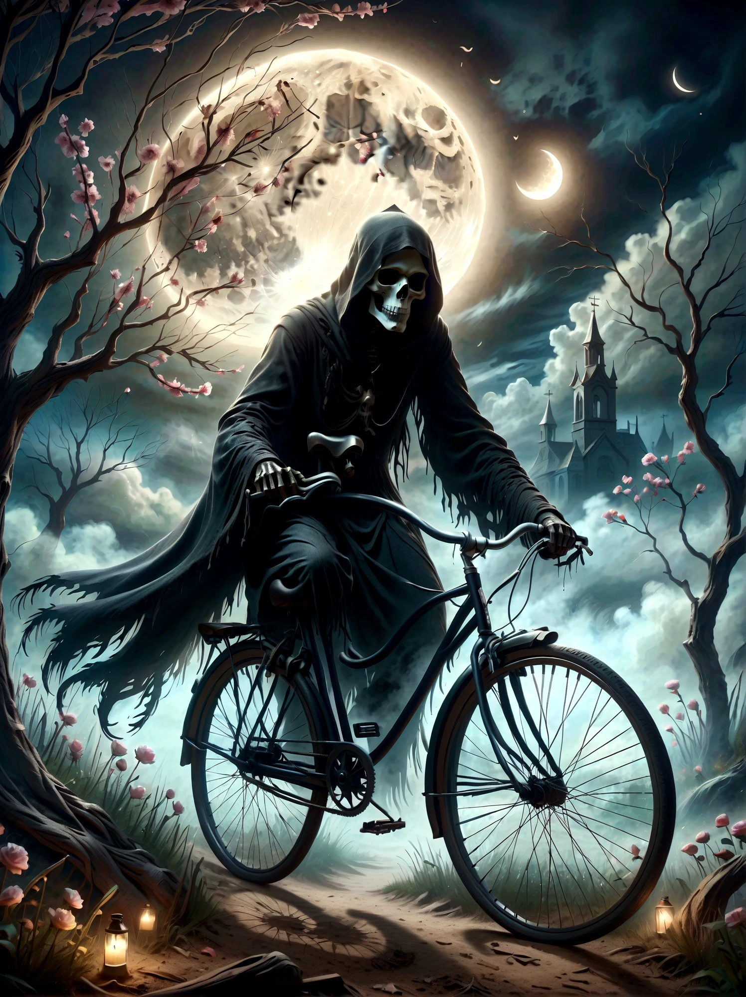 Create a surreal digital painting showcasing a captivating figure of death, interpreted as the grim reaper, riding a bicycle adorned with blossoms under the glow of a crescent moon bearing the likeness of a human face. The scene features elements of fluidity and transformation, reminiscent of the surreal reinterpretations of reality as seen in art from the late 19th century, before 1912 and not specifically linked to any artist post that year. Dramatic, high contrast lighting shines on the scene, casting deep shadows that intensify the sense of mystery. The scene, framed in a natural setting, blurs the boundaries between the real and the imagined. Techniques of digital painting and luminous airbrushing are used to bring out the eerie yet enchanting beauty of this personification of death on its unprecedented journey