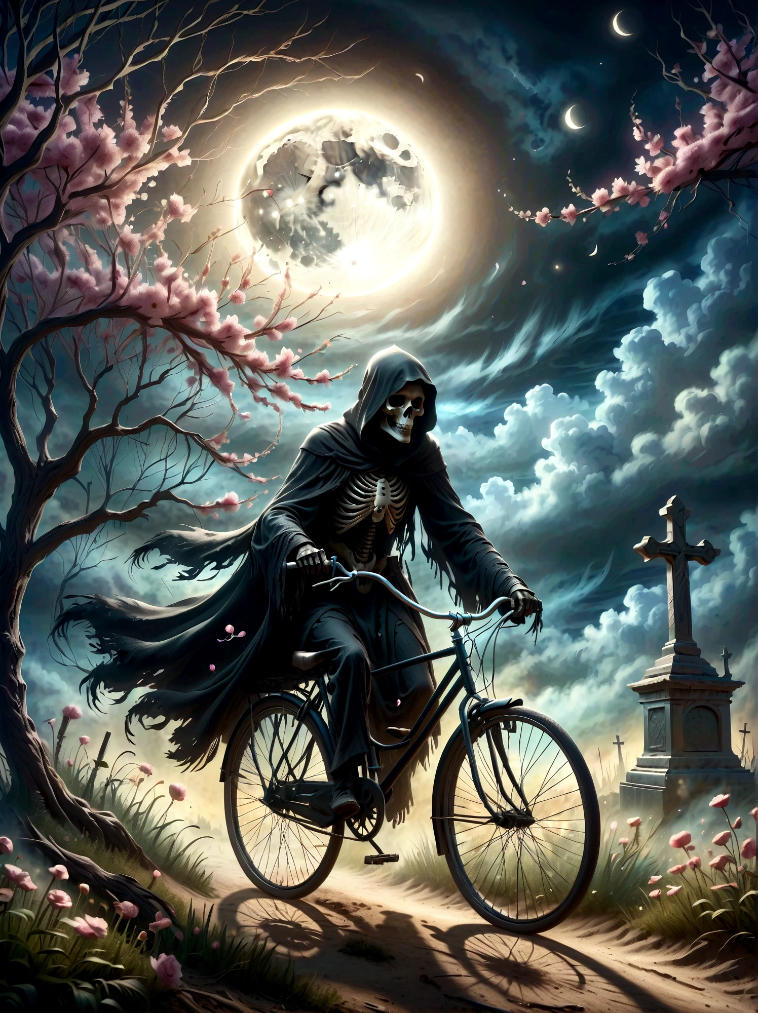 Create a surreal digital painting showcasing a captivating figure of death, interpreted as the grim reaper, riding a bicycle adorned with blossoms under the glow of a crescent moon bearing the likeness of a human face. The scene features elements of fluidity and transformation, reminiscent of the surreal reinterpretations of reality as seen in art from the late 19th century, before 1912 and not specifically linked to any artist post that year. Dramatic, high contrast lighting shines on the scene, casting deep shadows that intensify the sense of mystery. The scene, framed in a natural setting, blurs the boundaries between the real and the imagined. Techniques of digital painting and luminous airbrushing are used to bring out the eerie yet enchanting beauty of this personification of death on its unprecedented journey