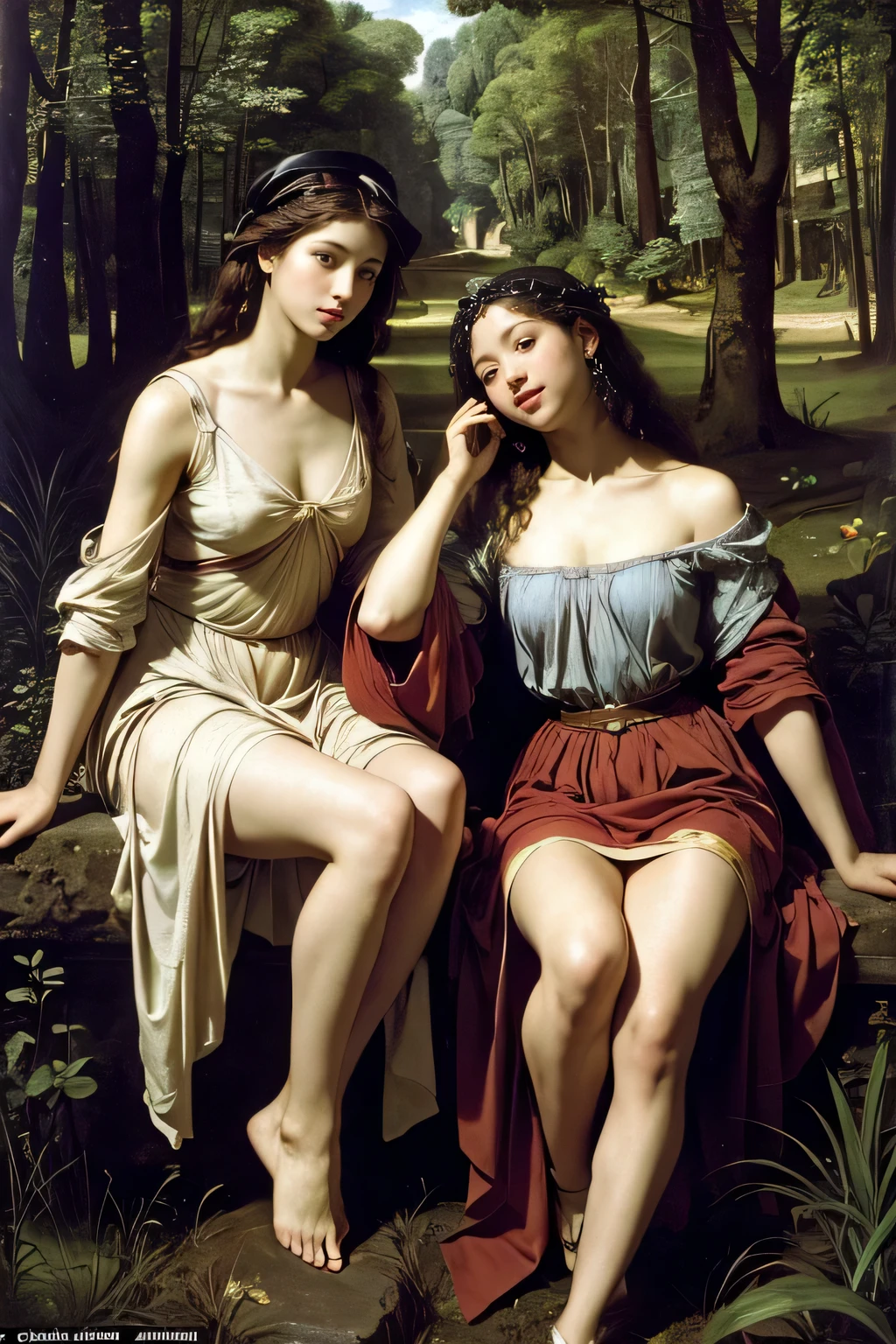 Giorgione painting style,Barbizon forest A beautiful woman in Greek dress smiles on the shore,Sweet and seductive appearance.、Caravaggio's paintings、Chiaroscuro of Caravaggio、hair tousled by the wind,Two women frolicking,cute smile, expression of ecstasy,Sexy,erotic, full body portrait