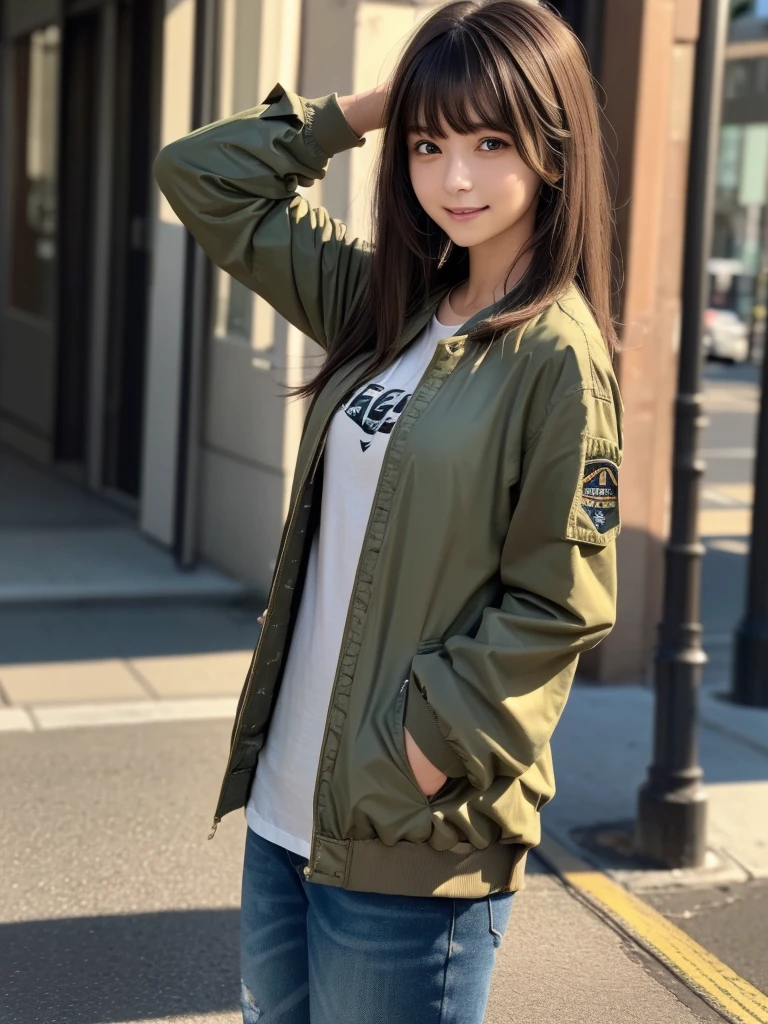 (8k, RAW Photos, highest quality, masterpiece:1.2), (Realistic, photo-Realistic:1.4), (Highly detailed 8k wallpaper), ((Full Body Shot)), (1 girl), Sharp focus, Depth of written boundary, Cinematic lighting, Soft Light, 緻密な美しさのeye, eye_Chan, Very beautiful 17 year old girl, innocent big eyes, Realistic, photo Realistic, Highly detailed cute girl, (Thin thighs), (Model Body Type), 18-year-old, ((Khaki flight jacket)), (Black T-shirt), (Distressed vintage long denim pants), (((Fold your arms in front of your chest and act arrogantly))), ((A happy smile)), Parted lips, Watching the audience, (On the streets of New York) , (Brown Hair),(Long Bob Hair), (Asymmetrical bangs)
