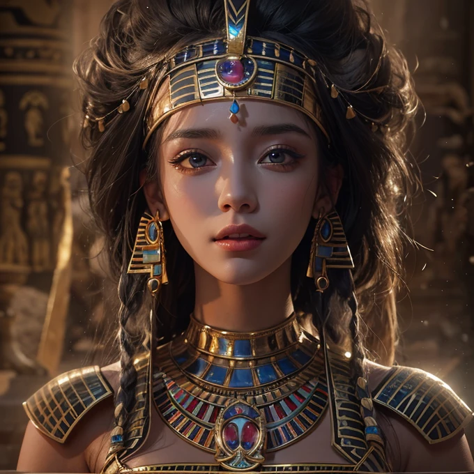 Standing in an ancient Egyptian cave、Blowing hair 、 ((highest quality、masterpiece、8k、Best image quality、Ultra-high resolution、Award-winning works)、(Accurate anatomy:1.1)、(Look at me and smile:1.0)、Shining fair skin with Ultra-high resolution、The most detailed face、Ultra-high resolution detailed face、Ultra-high resolutionの髪の毛、(Ultra-high resolution eye:1.1)、Beautiful face drawn in every detail、Ancient Egyptian costumes, Chest to chest, Dark atmosphere,Dark Light, Ancient Egyptian makeup,