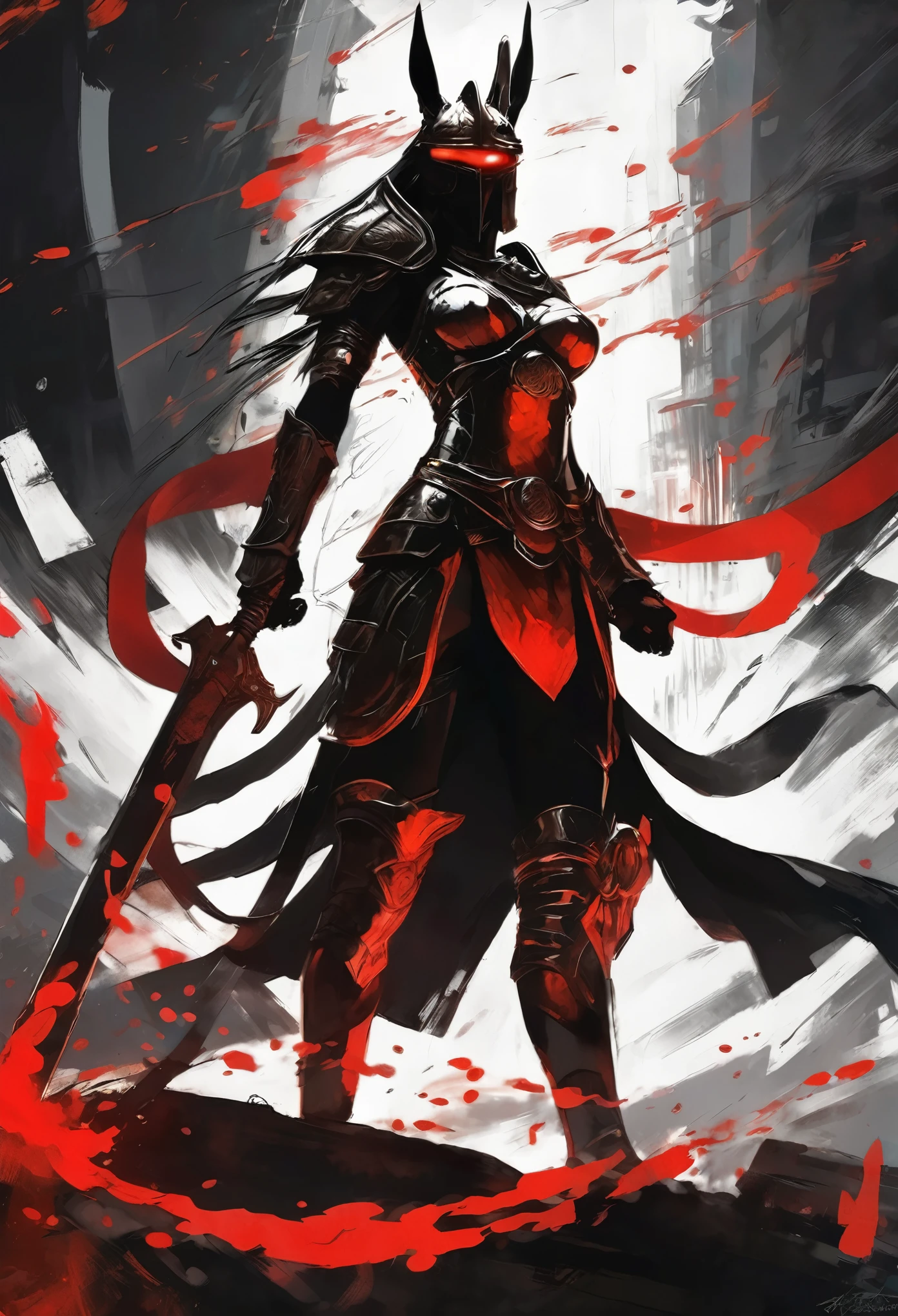 (in style of Ashley Wood:1.4)，Super Fitness，There is a piece of digital art, 这幅画描绘的是一只有着金色头和角的少女warrior, Glowing red eyes shot，Lightning Effect，，unfinished, incubation (texture)，black battlefield background，Natural Lighting，dark skin，Dark atmosphere，龙骑士全身photo, Mysterious Anubis and Valkyrie, Ultra-detailed fantasy characters, dragon portrait, Black Balance Color, white and red，sleipnir&#39;photo, Ghost of Anubis, 4K detail fantasy, Polaroid Count Trends, zbrush competition champion, Draw using zbrush, ZBrush Central Competition Champion, warrior, (Blood all over:1.2)，(insanely detailed and intricate, hypermaximalist, elegant, ornate, hyper realistic, super detailed:1.1)