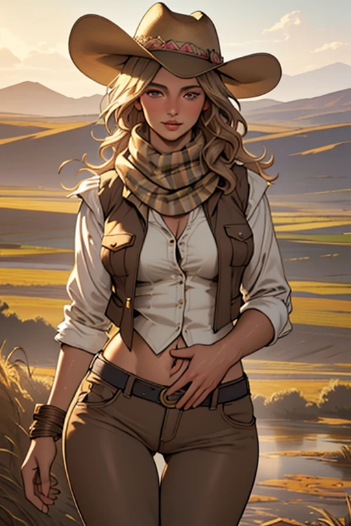(highest quality, Super detailed, realistic:1.37), outdoor, girl, muddy, detailed and beautiful eyes, beautiful detailed lips, cowboy hat, vest with fringes, slim waist, wide hips, thigh gap, show belly, pants, scarf, With confidence, middle of chest, dusty farm landscape, golden hour lighting