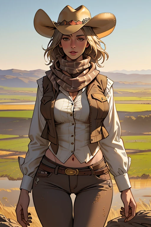 (highest quality, Super detailed, realistic:1.37), outdoor, girl, muddy, detailed and beautiful eyes, beautiful detailed lips, cowboy hat, vest with fringes, slim waist, wide hips, thigh gap, show belly, pants, scarf, With confidence, middle of chest, dusty farm landscape, golden hour lighting