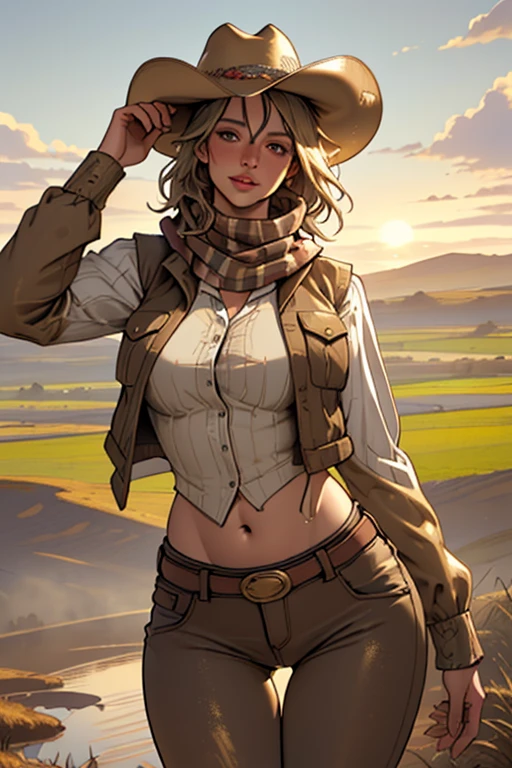 (highest quality, Super detailed, realistic:1.37), outdoor, girl, muddy, detailed and beautiful eyes, beautiful detailed lips, cowboy hat, vest with fringes, slim waist, wide hips, thigh gap, show belly, pants, scarf, With confidence, middle of chest, dusty farm landscape, golden hour lighting