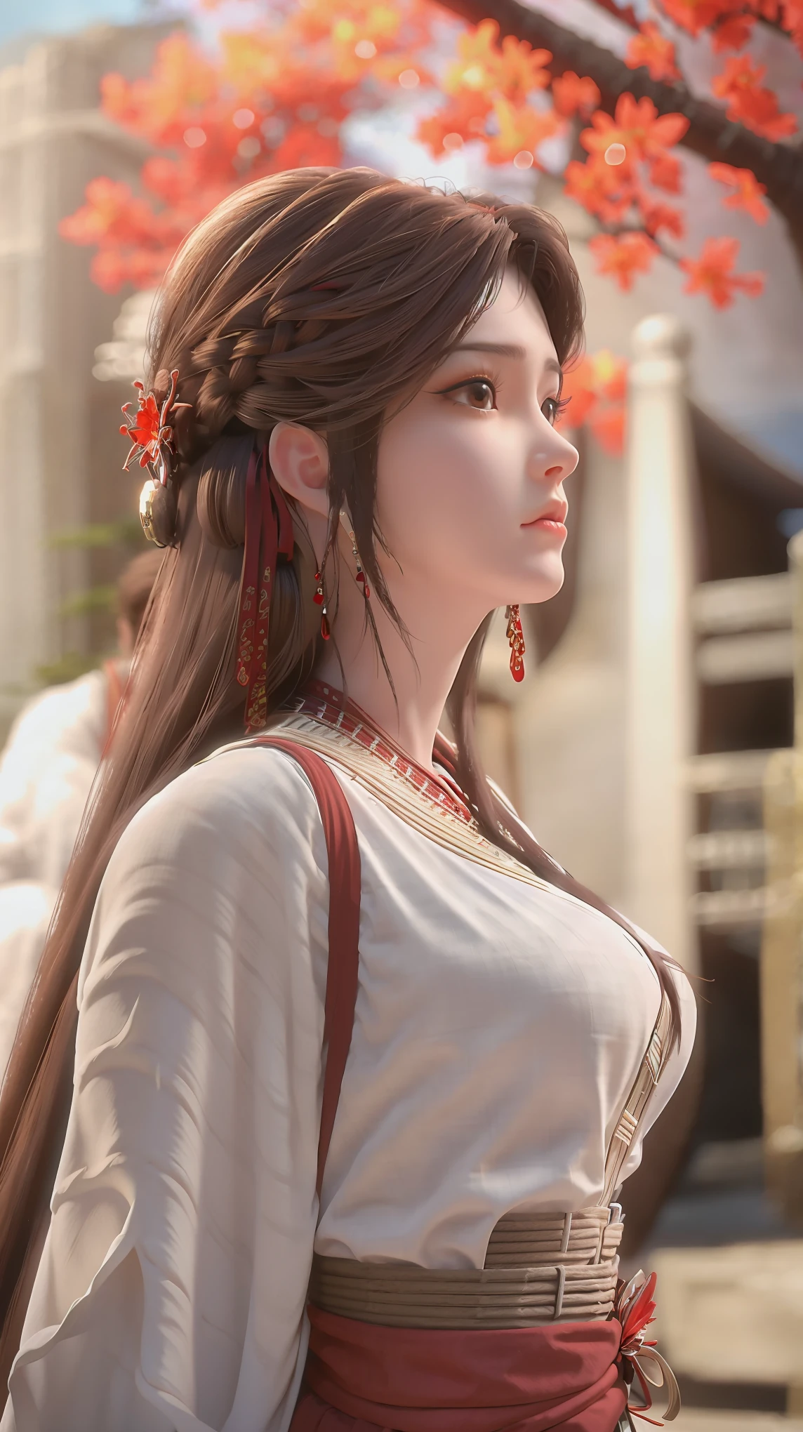 a beautiful woman in a red and white dress,detailed facial features,beautiful detailed eyes,beautiful detailed lips,extremely detailed face,long flowing hair,elaborate chinese royal clothing,chinese empress,chinese princess,opulent palace interior,classical chinese architecture,glowing warm lighting,cinematic composition,highly detailed,photorealistic,8k,masterpiece