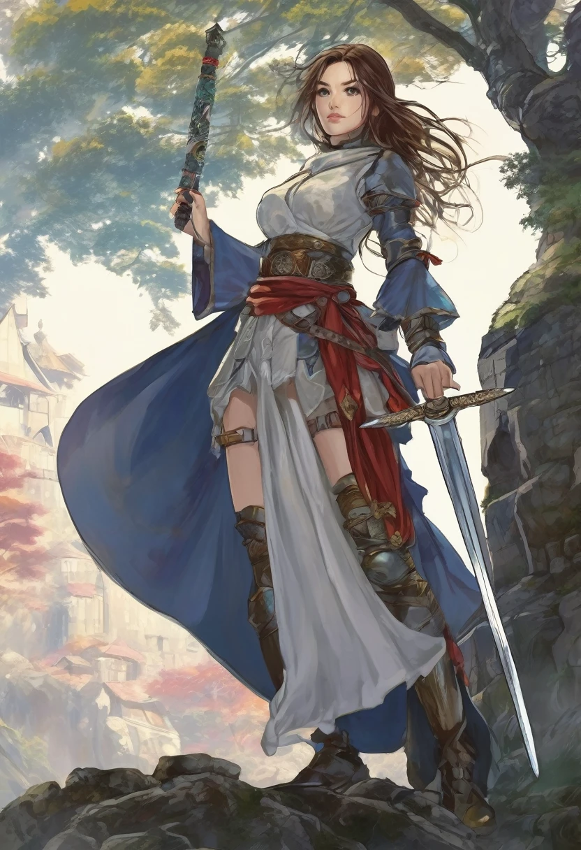 Japanese anime style. woman. middle ages. Europe. fantasy. skirt. sword. Are standing. Whole body. from below.