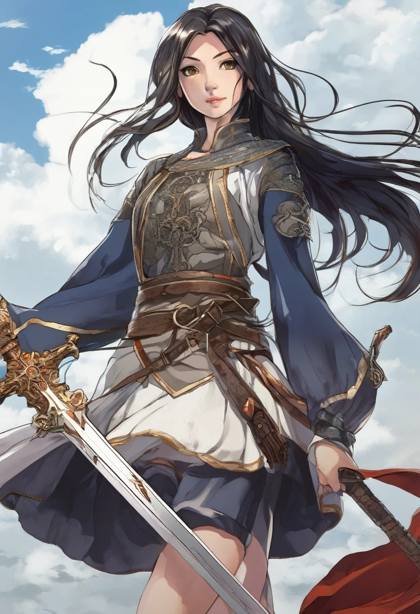 Japanese anime style. woman. middle ages. Europe. fantasy. skirt. sword. Are standing. Whole body. from below.  