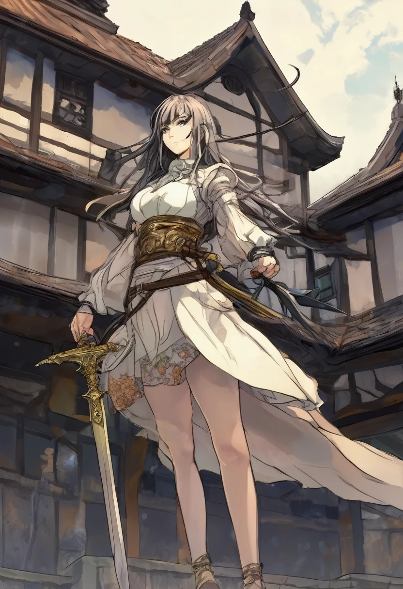 Japanese anime style. woman. middle ages. Europe. fantasy. skirt. sword. Are standing. Whole body. from below.  