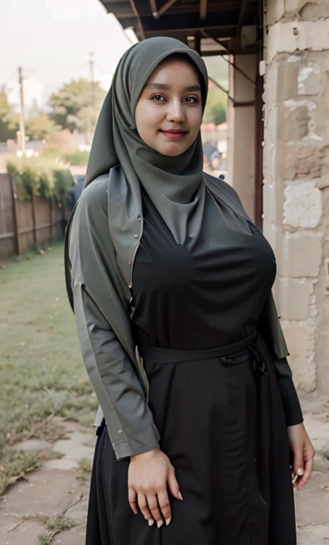 standing, solo, 1girl, mature female, hijab, green eyes, short girl, long hijab, full hijab, fat girl, fat body, beautiful face, cute face, sideboob, large breasts, thigh legs, areola slip, cleavage, leaning forward, huge breasts, curvy, fat, arms down, looking at viewer, blush, parted lips, light smile, long black hair, black colour hair,