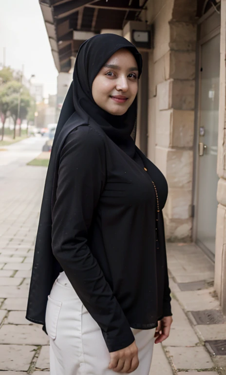 standing, solo, 1girl, mature female, hijab, green eyes, short girl, long hijab, full hijab, fat girl, fat body, beautiful face, cute face, sideboob, large breasts, thigh legs, areola slip, cleavage, leaning forward, huge breasts, curvy, fat, arms down, looking at viewer, blush, parted lips, light smile, long black hair, black colour hair,