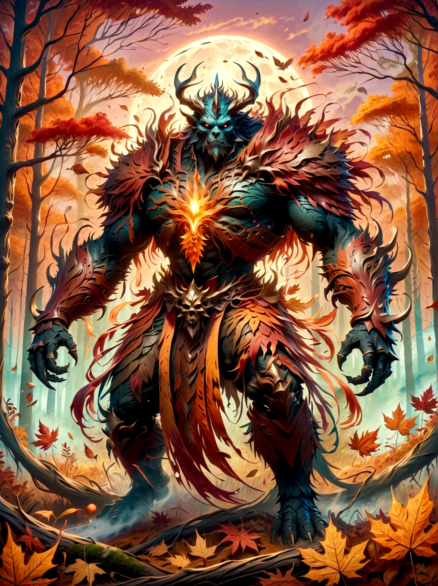 An image of a menacing final boss character for a fantasy video game, representing the month of September. It's a large beast with a body made up of elements relating to Fall season, like a skin texture resembling decaying leaves, a crown made of swirling winds and a scepter mimicking a late harvest crop in his hand. The color palette dominantly includes varying shades of orange, red and brown reflecting the colors of September. The background includes a forest at twilight, hinting to the shortening days as summer gives way to Fall.