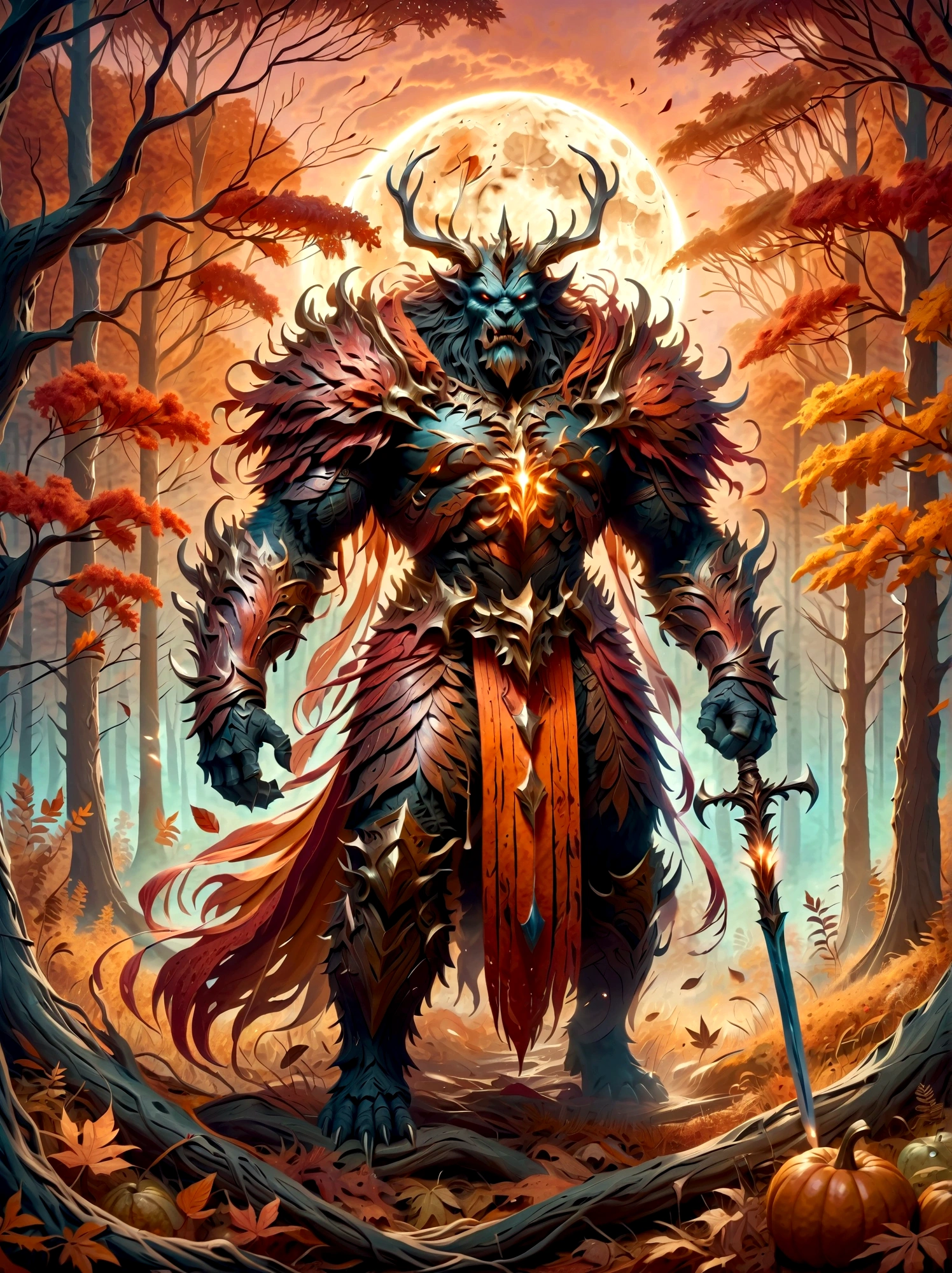An image of a menacing final boss character for a fantasy video game, representing the month of September. It's a large beast with a body made up of elements relating to Fall season, like a skin texture resembling decaying leaves, a crown made of swirling winds and a scepter mimicking a late harvest crop in his hand. The color palette dominantly includes varying shades of orange, red and brown reflecting the colors of September. The background includes a forest at twilight, hinting to the shortening days as summer gives way to Fall.