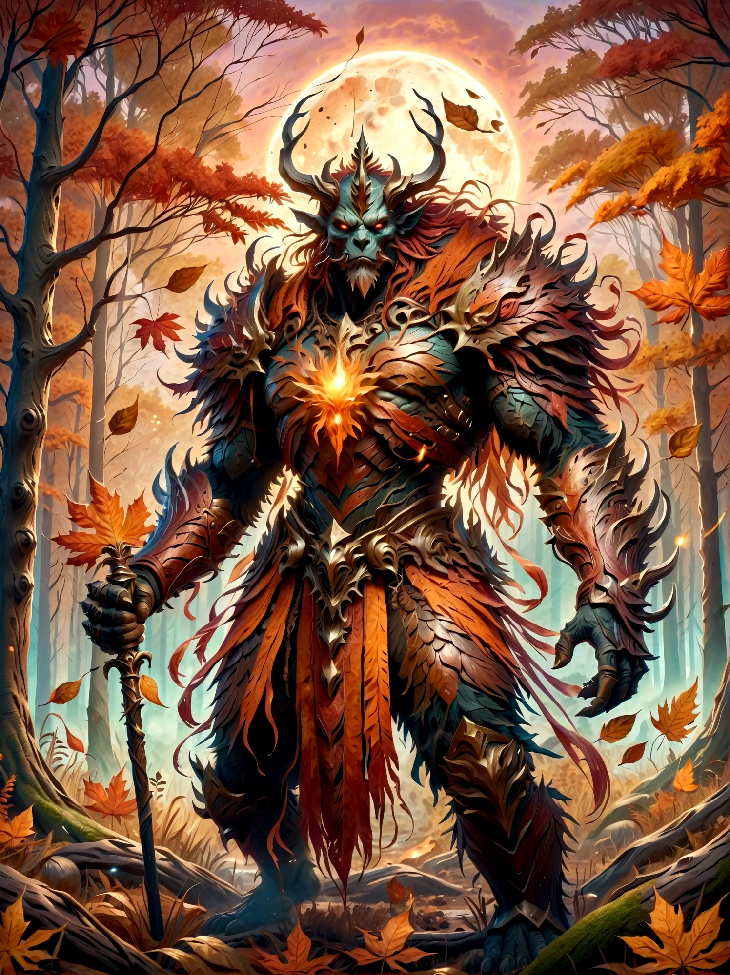 An image of a menacing final boss character for a fantasy video game, representing the month of September. It's a large beast with a body made up of elements relating to Fall season, like a skin texture resembling decaying leaves, a crown made of swirling winds and a scepter mimicking a late harvest crop in his hand. The color palette dominantly includes varying shades of orange, red and brown reflecting the colors of September. The background includes a forest at twilight, hinting to the shortening days as summer gives way to Fall.