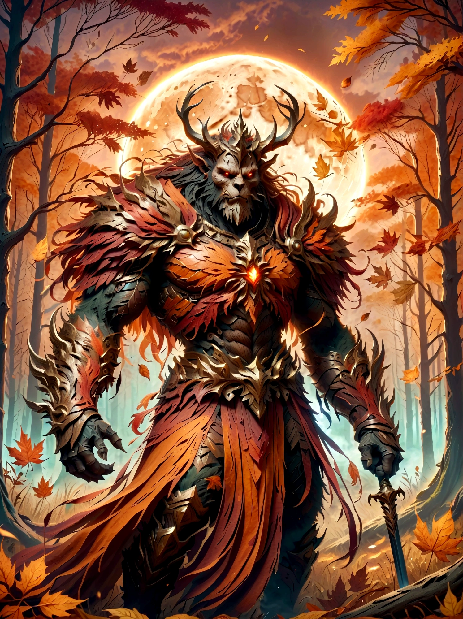 An image of a menacing final boss character for a fantasy video game, representing the month of September. It's a large beast with a body made up of elements relating to Fall season, like a skin texture resembling decaying leaves, a crown made of swirling winds and a scepter mimicking a late harvest crop in his hand. The color palette dominantly includes varying shades of orange, red and brown reflecting the colors of September. The background includes a forest at twilight, hinting to the shortening days as summer gives way to Fall.