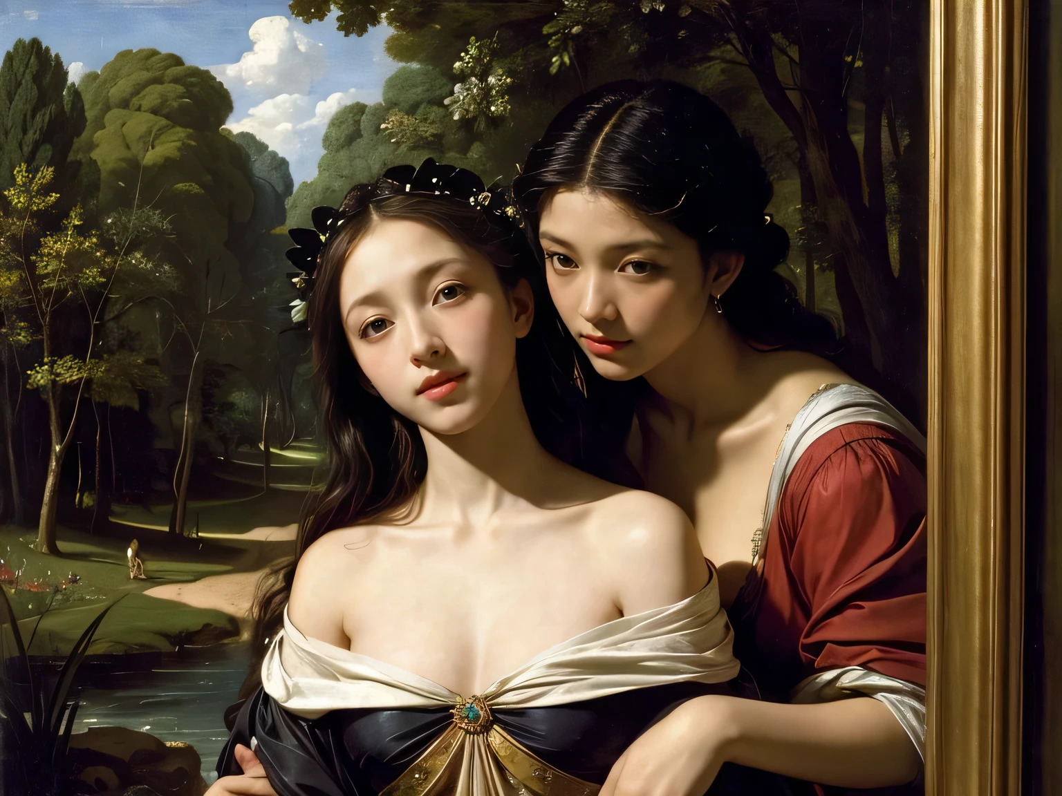 Giorgione painting style,Barbizon forest A beautiful woman in Greek dress smiles on the shore,Sweet and seductive appearance.、Caravaggio's paintings、Chiaroscuro of Caravaggio、hair tousled by the wind,Two women frolicking,cute smile, expression of ecstasy,Sexy,erotic, full body portrait