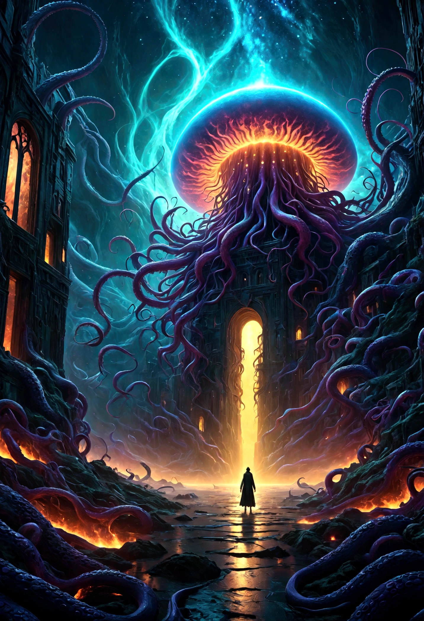 a cosmic horror landscape, dark eldritch abomination, tentacles reaching out from the void, cosmic scale, ancient alien entity, surreal otherworldly atmosphere, glowing energy tendrils, visceral organic textures, alien architecture, chiaroscuro lighting, deep saturated colors, cinematic dramatic composition, masterpiece, (best quality,8k,highres,ultra-detailed,realistic,photorealistic:1.4),(cinematic,dramatic,dark,grim:1.2),eldritch,cosmic horror,lovecraftian,surreal