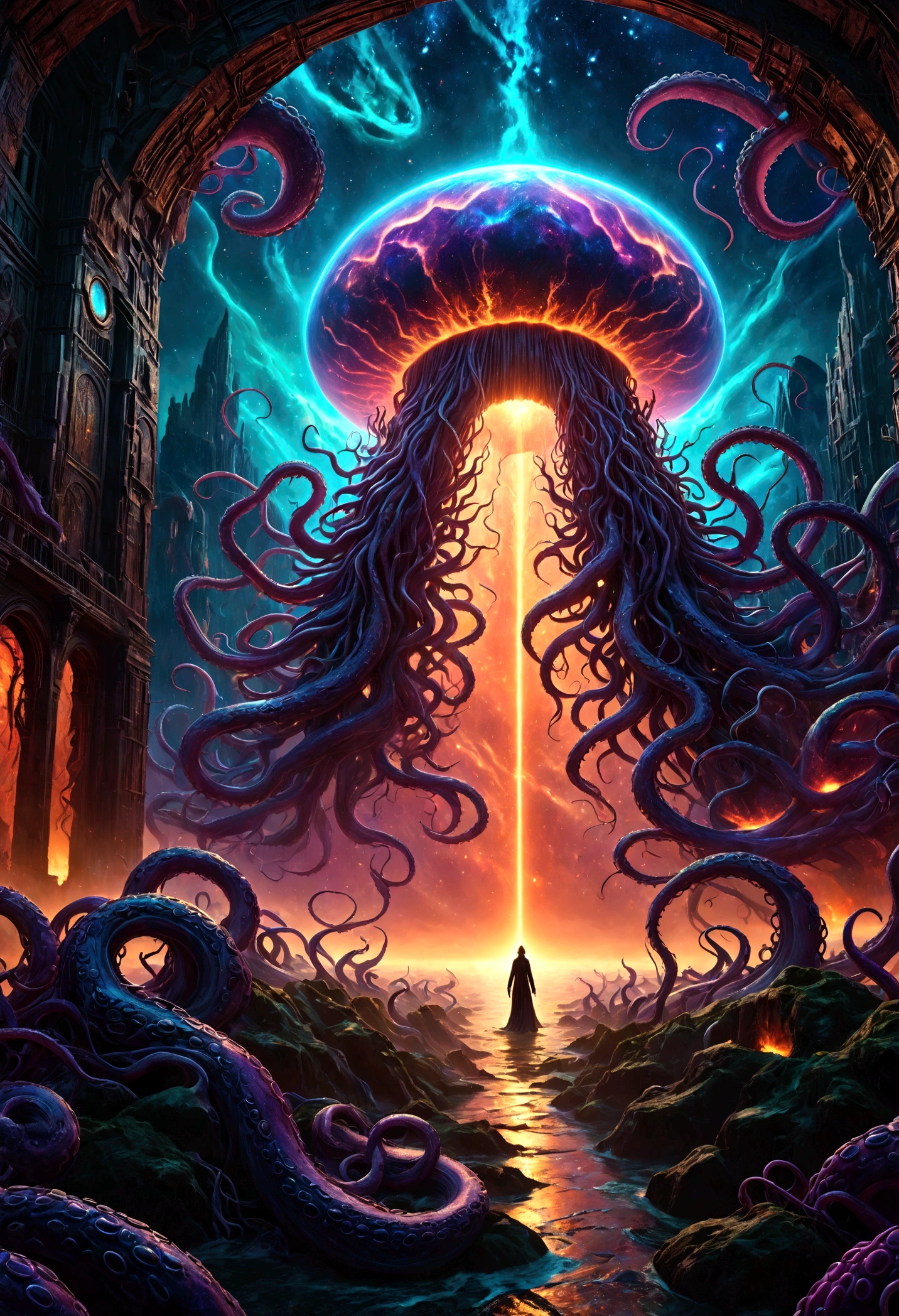 a cosmic horror landscape, dark eldritch abomination, tentacles reaching out from the void, cosmic scale, ancient alien entity, surreal otherworldly atmosphere, glowing energy tendrils, visceral organic textures, alien architecture, chiaroscuro lighting, deep saturated colors, cinematic dramatic composition, masterpiece, (best quality,8k,highres,ultra-detailed,realistic,photorealistic:1.4),(cinematic,dramatic,dark,grim:1.2),eldritch,cosmic horror,lovecraftian,surreal