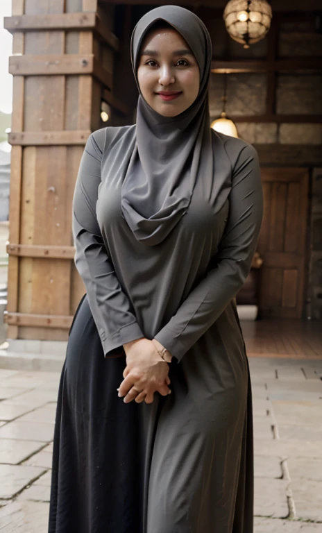 standing, solo, 1girl, mature female, hijab, green eyes, short girl, long hijab, full hijab, fat girl, fat body, beautiful face, cute face, sideboob, large breasts, thigh legs, areola slip, cleavage, leaning forward, huge breasts, curvy, fat, arms down, looking at viewer, blush, parted lips, light smile, long black hair, black colour hair,