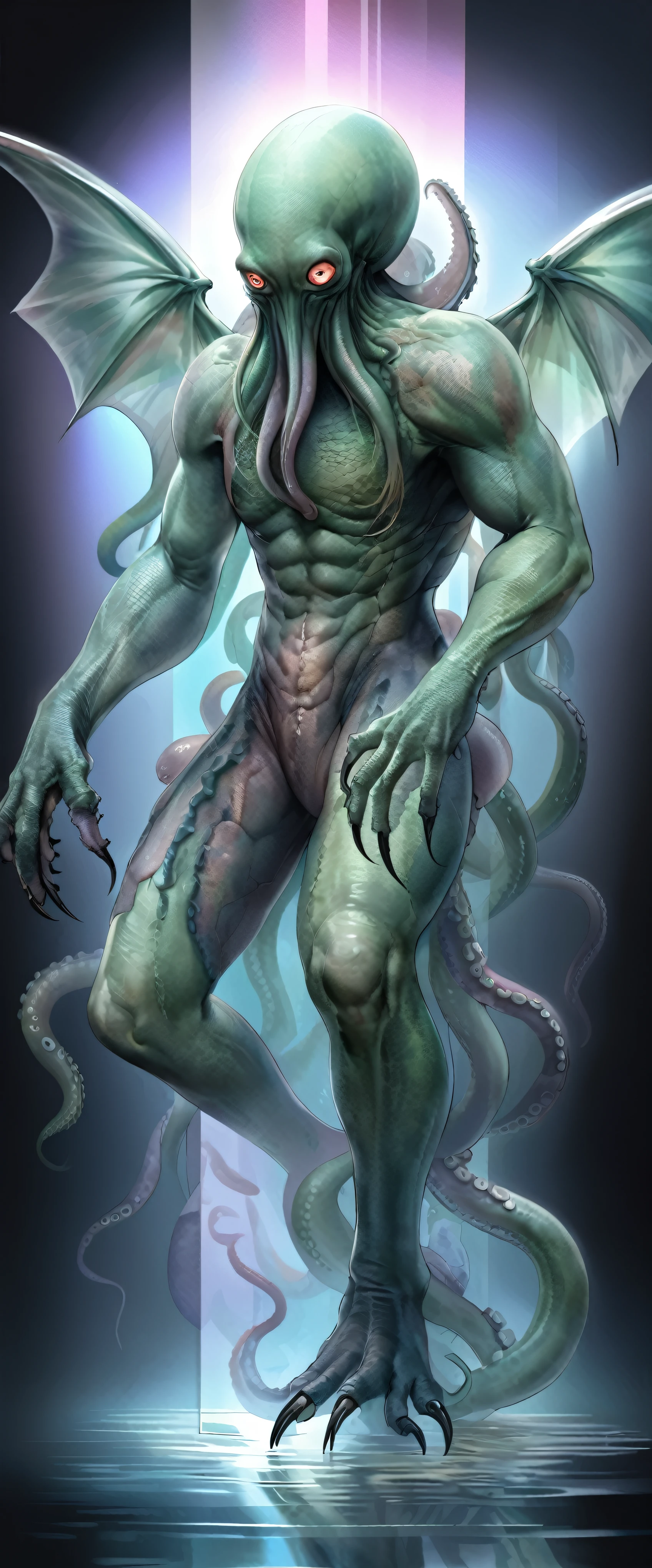 Full color, (transparency:2.0),
Ultra-realism, Watercolor style, Dark Fantasy,
A mountain-sized evil god who walks on two legs in the underwater city of R'lyeh, A perfect body with two arms and two legs, big as a mountain, Mysterious green glowing skin, The Terror of the Universe, lethargy, silence, mystery, Absurd aesthetics,
BREAK Emphasizing the presence of the subject, Detailed and clear depiction, Detailed and realistic skin texture,
BREAK Extremely transparent, Reflection of light, Silky luster, Transparent pastel colors, Transparency, For fantastic images,
BREAK Highest Quality, Highest quality, Highest Resolution, Perfect dynamic composition, Shoot from the most attractive perspective, cryptic,
BREAK (6 transparent full color eyes),
(Octopus-like head, Has 6 eyes:2.0, Clear red eyes),
(Countless squid tentacles growing from its chin, Tentacles), (Giant clawed hand),
(A body as big as a mountain, Slimy green-scaly skin, Rubbery lump), Detailed green skin,
(Huge legs with claws, Walk on two legs with webbed feet),
(Dragon-like bat wings on his back, thin),
BREAK Chthulhu, Ultra-realism, Detailed and realistic skin texture, Detailed and intricate texture, Detailed and intricate brushwork, Detailed and clear depiction, Transparent depiction, aesthetic,
BREAK Emphasizing the presence of the subject, Fantastic Fog, Transparent light,
BREAK Cinematic lighting effects, Fantastic iridescent colors, Blacklight, holographic,
BREAK Dynamic Dance, Mysterious Light, Puzzling expressions, Surprise and awe all your viewers,