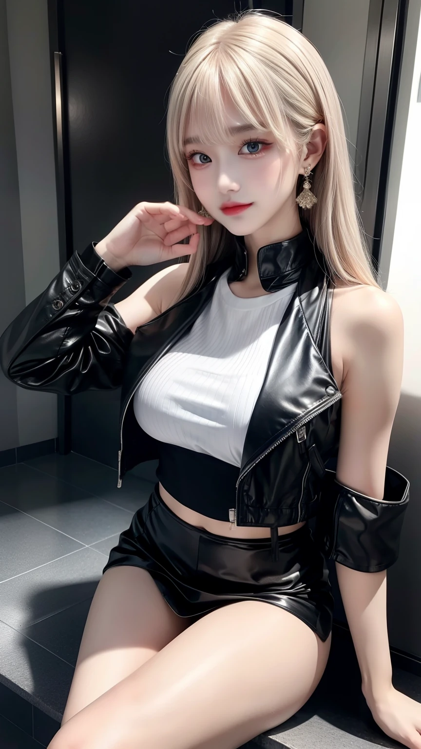 8K RAW photos, 17-year-old cool Korean, big round breasts, cleavage, beautiful abs, sleeveless, short length formal jacket, cropped length tops, skirts, eyes beautiful in detail, eyelashes, beautiful double eyelids, eye shadow, slit eyes, sanpaku eyes, perfect eye makeup, evil smile, beautiful thin legs, bright blonde hair, various hairstyles, earrings,