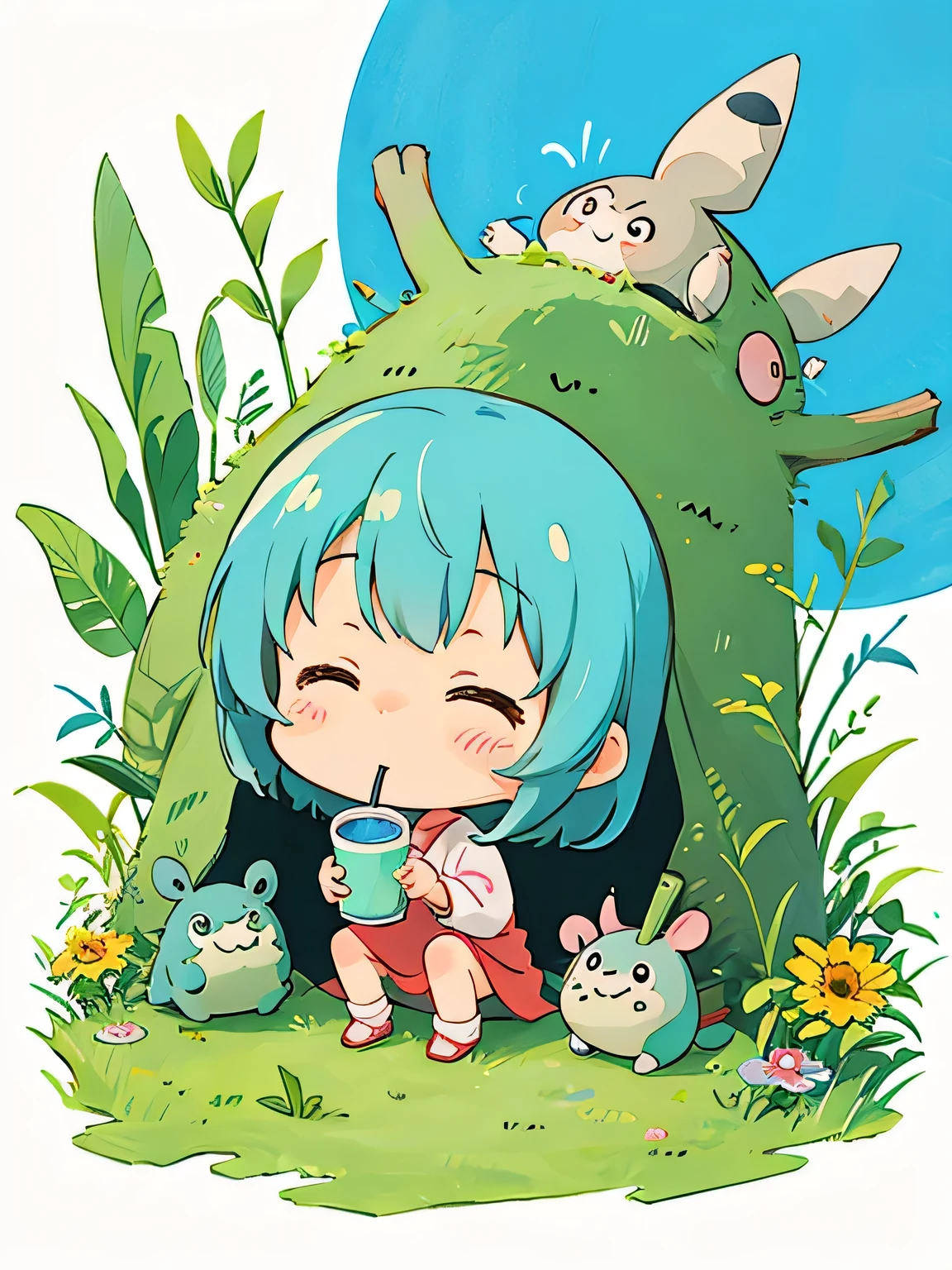 Hayao Mayazaki style, Kawaii Design, The most beautiful girl of all time、Chibi, drinking, totoro