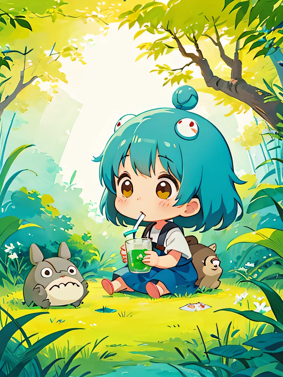 Hayao Mayazaki style, Kawaii Design, The most beautiful girl of all time、Chibi, drinking, totoro