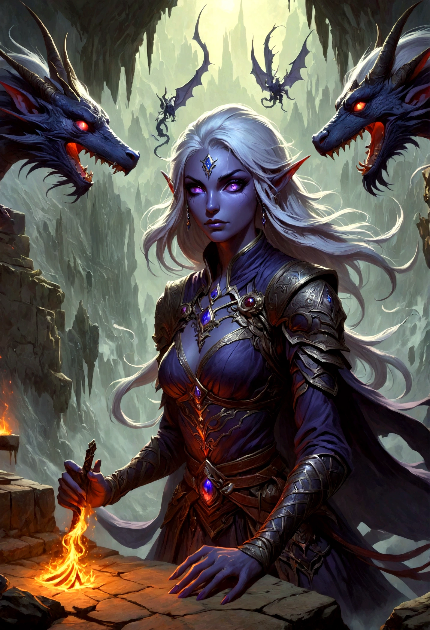 白发Dark Elves， Noah Bradley (Noah Bradley) Inspiring Portraits,Dark Elves，Drow，Dungeons &amp; Dragons，Magic Game，magic，Summon the Divine Dragon