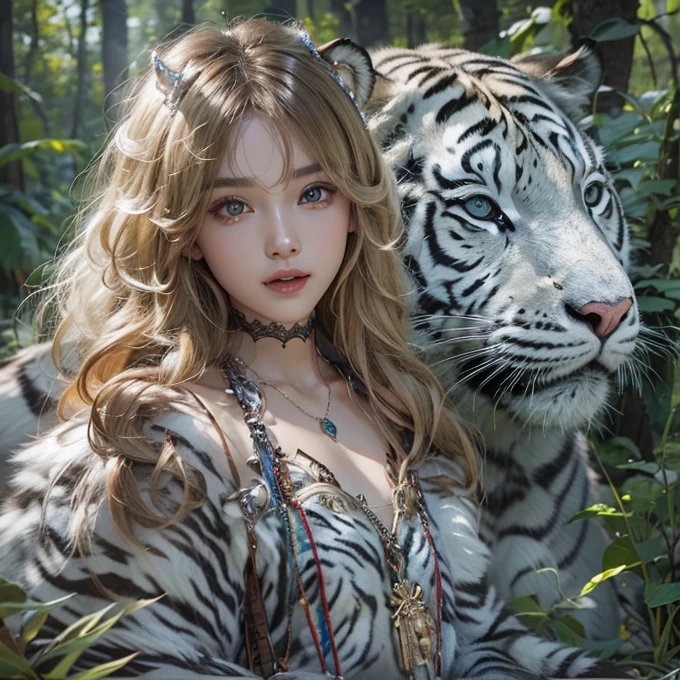 Standing in the forest、Hair flow、 ((highest quality、masterpiece、8k、Best image quality、Ultra-high resolution、Award-winning works)、(Accurate anatomy:1.1)、(Look at me and smile:1.1)、Shining fair skin with Ultra-high resolution、The most detailed face、Ultra-high resolution detailed face、Ultra-high resolutionのblond hair、(Ultra-high resolution eye:1.1)、Beautiful face drawn in every detail、Traditional Russian costume , Chest to chest,  Strange atmosphere, Next to him stands a real white tiger, Dark Light, in the forest , Heavy makeup 