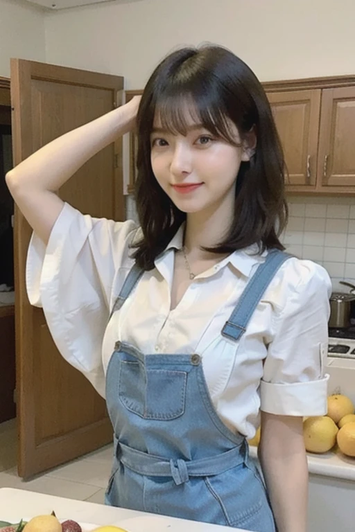 A woman is cooking、(kitchen_apron:1.Wear 3)、Good move、4K、High resolution、masterpiece、highest quality、cap:1.3、((Hasselblad Photos))、Fine skin、Sharp focus、(Cinematic lighting)、Soft lighting、Dynamic Angle、[:(Detailed face:1.2):0.2]、Mid-chest、Sweaty skin:1.2、(((In the kitchen))) Laughter　Beautiful profile　Huge boobs　Beautiful body　Tying up hair　Broad background々Luxurious living room　Luxurious and luxurious living　Luxurious living room　Beautiful living room　Beautiful living room　Laughter　orange　lemon　Laughter　Laughter　Banana Inn　pineapple　Luxury Room