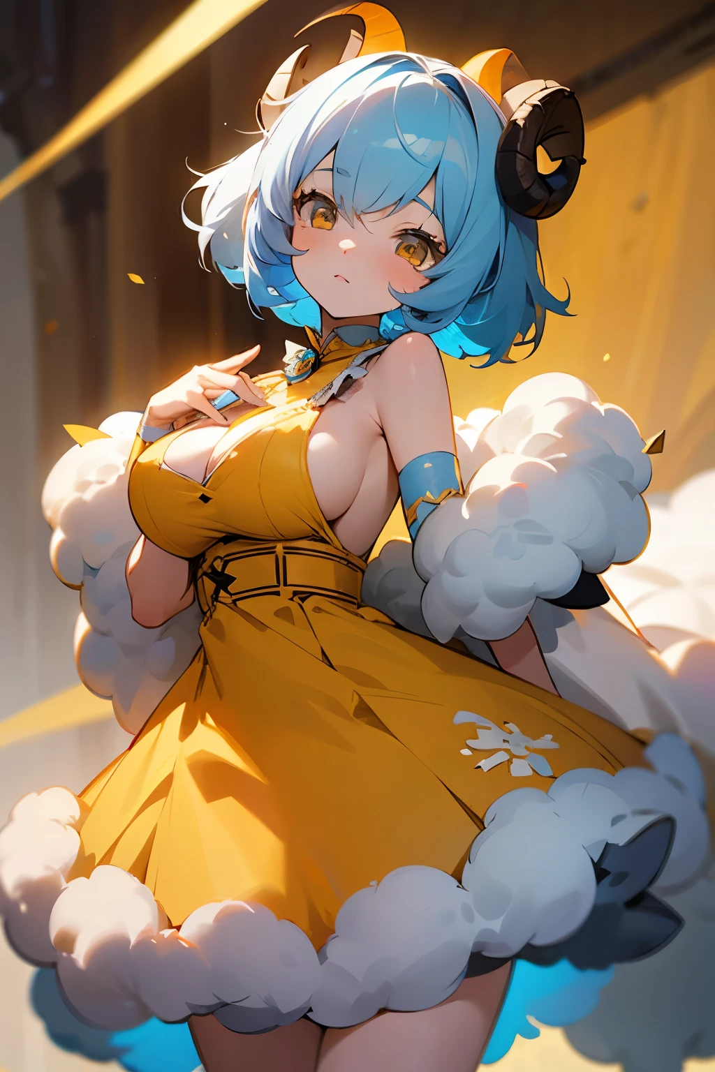 Girl, short pale blue hair, orange eyes, sheep ears, yellow dress decorated with beautiful white decorations, big breasts, skirt 