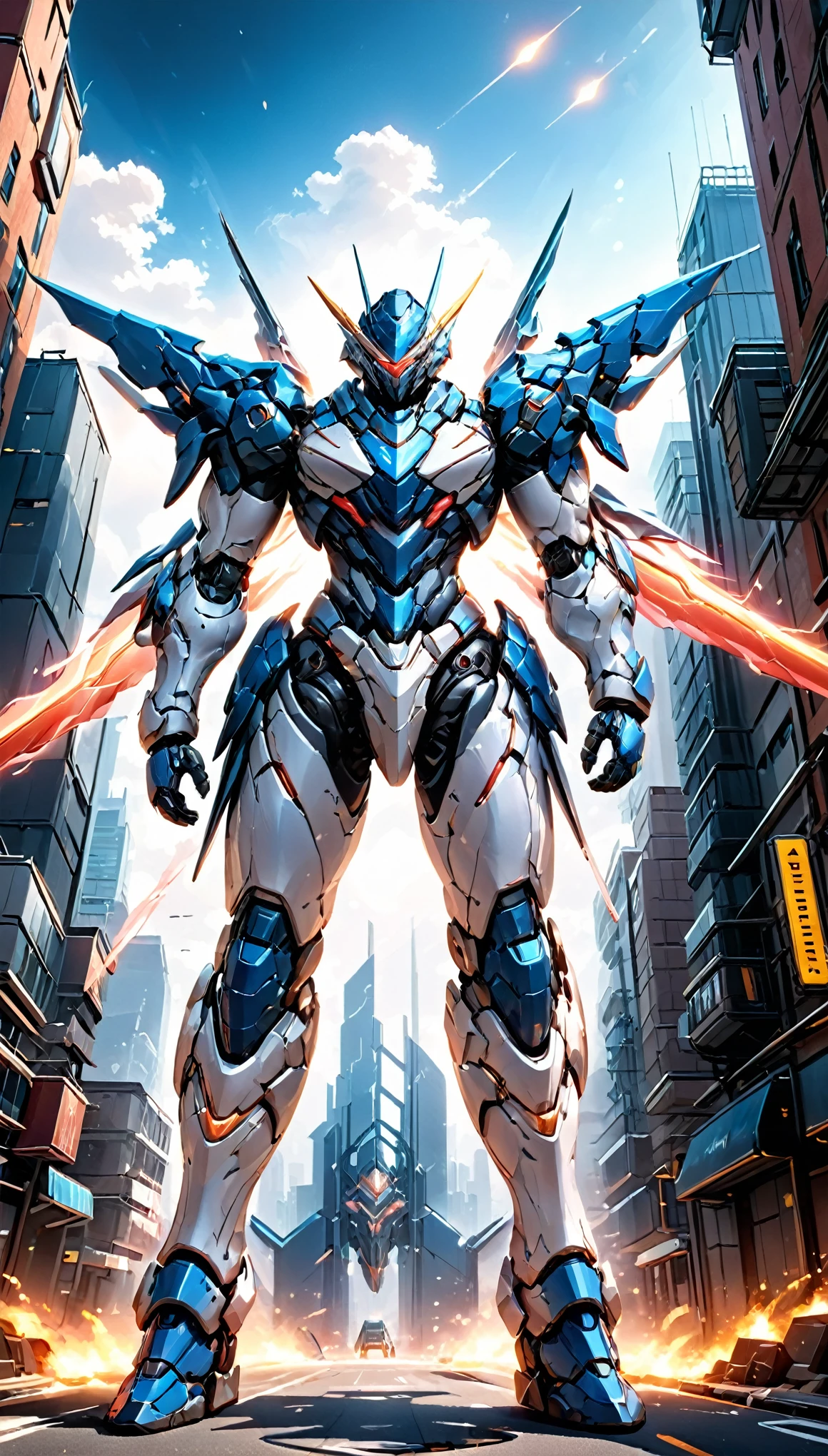 Humanoid Mecha, fully enclosed shoulder guards, matching arm and leg guards, full body, full armor, the design balances heavy with agility, (the color scheme is primarily white with red and blue accents, the concept Inspired by Super robot, organic biotech armor, standing, floating high above the futuristic sci-fi city), exquisite and mature art style, (aura effect, energy, glowing eyes, the armor glows), ((SRS)), metallic, dynamic, dramatic, high definition, best quality, highres, ultra-detailed, ultra-fine painting, extremely delicate, professional, perfect body proportions, anatomically correct, symmetrical face, extremely detailed eyes and face, high quality eyes, creativity, RAW photo, UHD, 32k, Natural light, cinematic lighting, masterpiece-anatomy-perfect, masterpiece:1.5