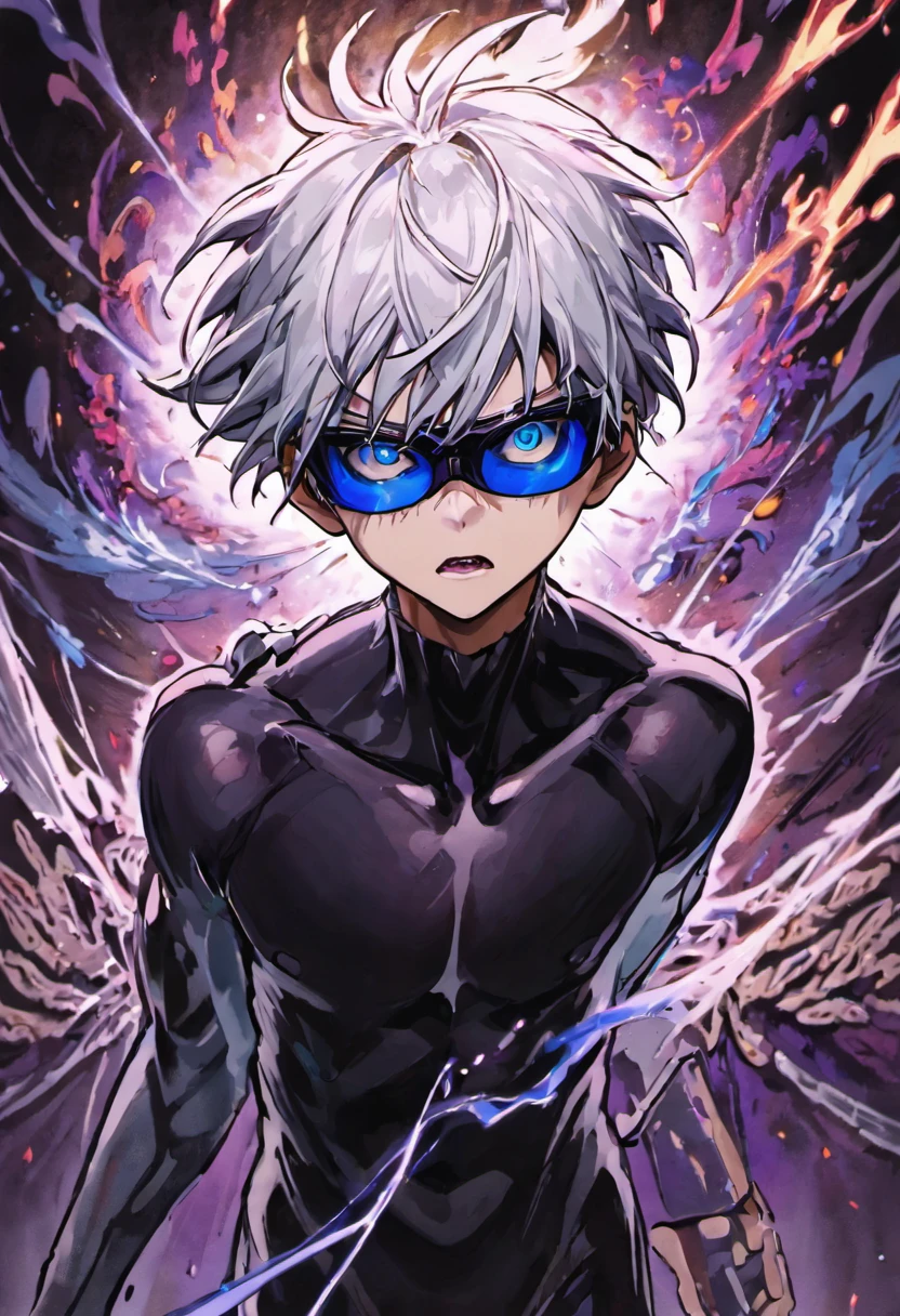 1male, satoru gojo,jujutsu kaisen, beautiful detailed eyes, beautiful detailed lips, extremely detailed eyes and face, long eyelashes, tall slender man, white hair, black blindfold, sunglasses, removing blindfold, mesmerizing blue eyes, intense confident expression, unleashing infinite void technique, surrounded by dazzling energy and light, dark swirling void background, dramatic battle scene, radiant blue auras, energy waves, intricate patterns, Midori Ishida's painting style, intricate details, detailed hair depiction, black and white main colors, decadent, artwork, perfect anatomy, anatomically correct, dynamically, nice, wonderful, dark fantasy, light and darkness