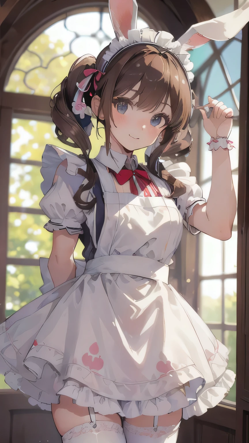 ((best quality)), ((masterpiece)), (detailed), perfect detailed eyes, perfect detailed face, ultra-detailed nose, brown hair, twin drills, hairband, rabbit ears, rabbit tail, blurry, reflection light, dutch angle, maid outfit, maid girl, frilly apron, Palace, mansion