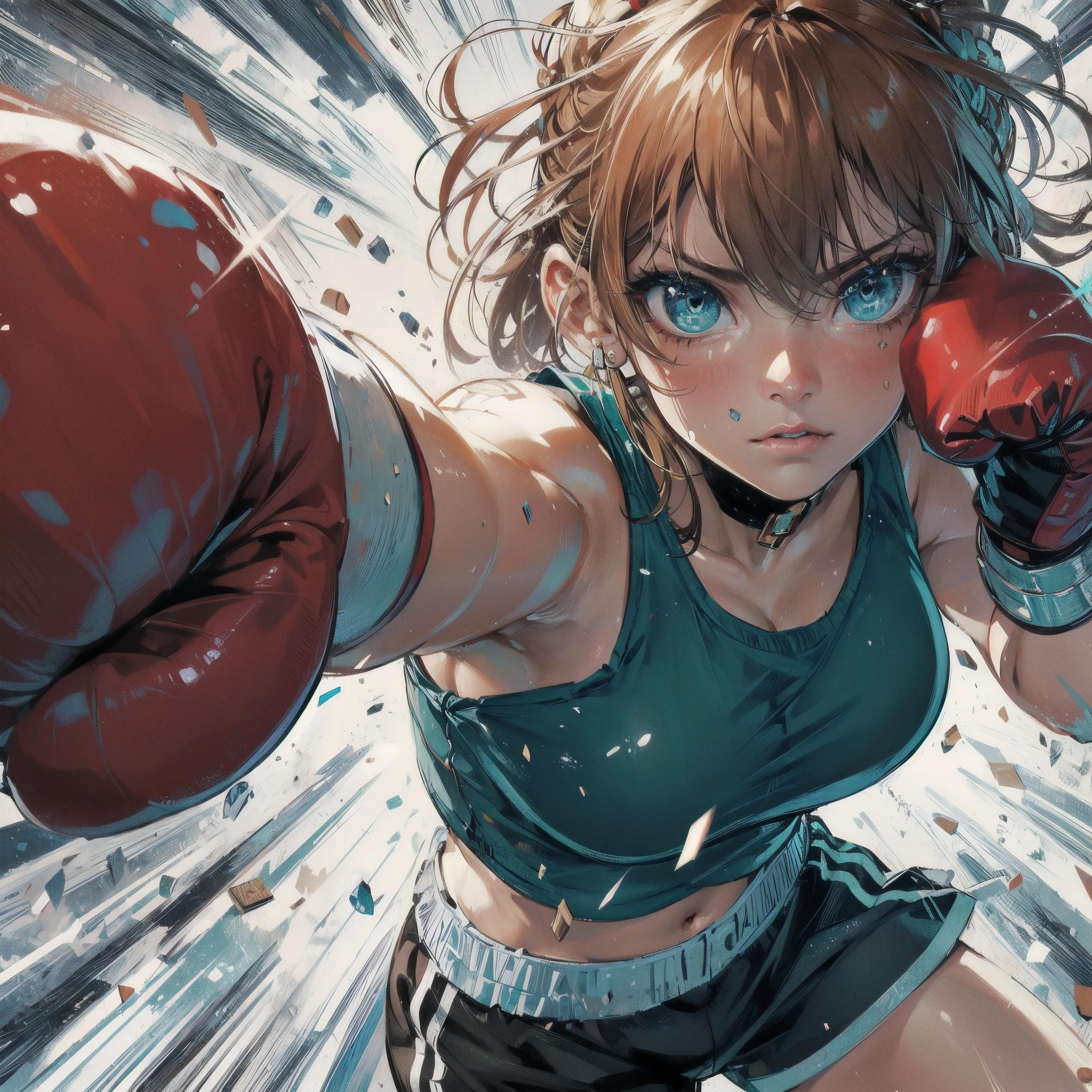 masterpiece, (textured skin), best quality, gorgeous beautiful girl, (a female boxing athlete), detailed clothes,large breasts,narrow waist,, (beautiful face), cinematic lighting, (at boxing venue),