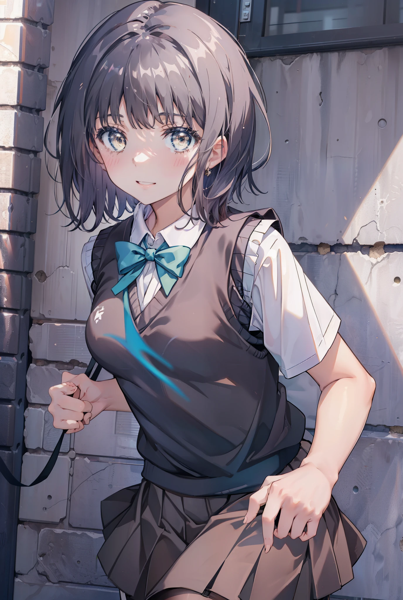 masterpiece, highest quality, Confused, Perfect Anatomy, 1 girl, alone, Itsuwa,short hair,Black Hair,Brown eyes,smile,blush,Open your mouth,Happy atmosphere,break skirt, shirt, bow, ribbon, , white shirt, Short sleeve, Pleated skirt, collared shirt, mini skirt, bowtie, 黒いloafers , Black Skirt, Black pantyhose, loafers, green bow, whole bodyがイラストに入るように, (blue sweater vest:1.5),evening,Sunset,The sun is setting,walking,break outdoors, Building district,
break looking at viewer, whole body,
break (masterpiece:1.2), highest quality, High resolution, unity 8k wallpaper, (figure:0.8), (Beautiful fine details:1.6), Highly detailed face, Perfect lighting, Highly detailed CG, (Perfect hands, Perfect Anatomy),