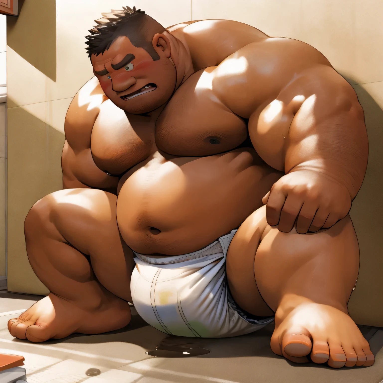 masterpiece, Top quality, in 32K, perfect anatomy, hyper detailed, super fine illustration, The thick man is a brutal prisoner, retarded, hairy human, 50yo in Japan, (fatness: 1.0), Fatty muscle, Bowleg, disappointment, incontinent, shy, sissy, Weaker than children, Drool, Round face, be diaper check by children, waddle, There is a small puddle under him, incontinent, Naked, short legs, Bowleg, spread legs, wear a White cloth Diaper, Bare belly, Bare legs, Bare foots, Bare soles, Shirtless, wide forehead and short thinning hair, Man with round face with stubble, Bare foots, Bare soles, He enters nursery school and is despised by children, He surrounded by children, His bottom is wet, Bare foots, big butt, he is scolded by the children, White Diaper, He surrounded by children, sobbing, wear a White cloth Diaper, shirtless, There is a small puddle under him, He enters nursery school and is despised by children, big butt, sobbing, He crawling to go to children, on all fours, side view