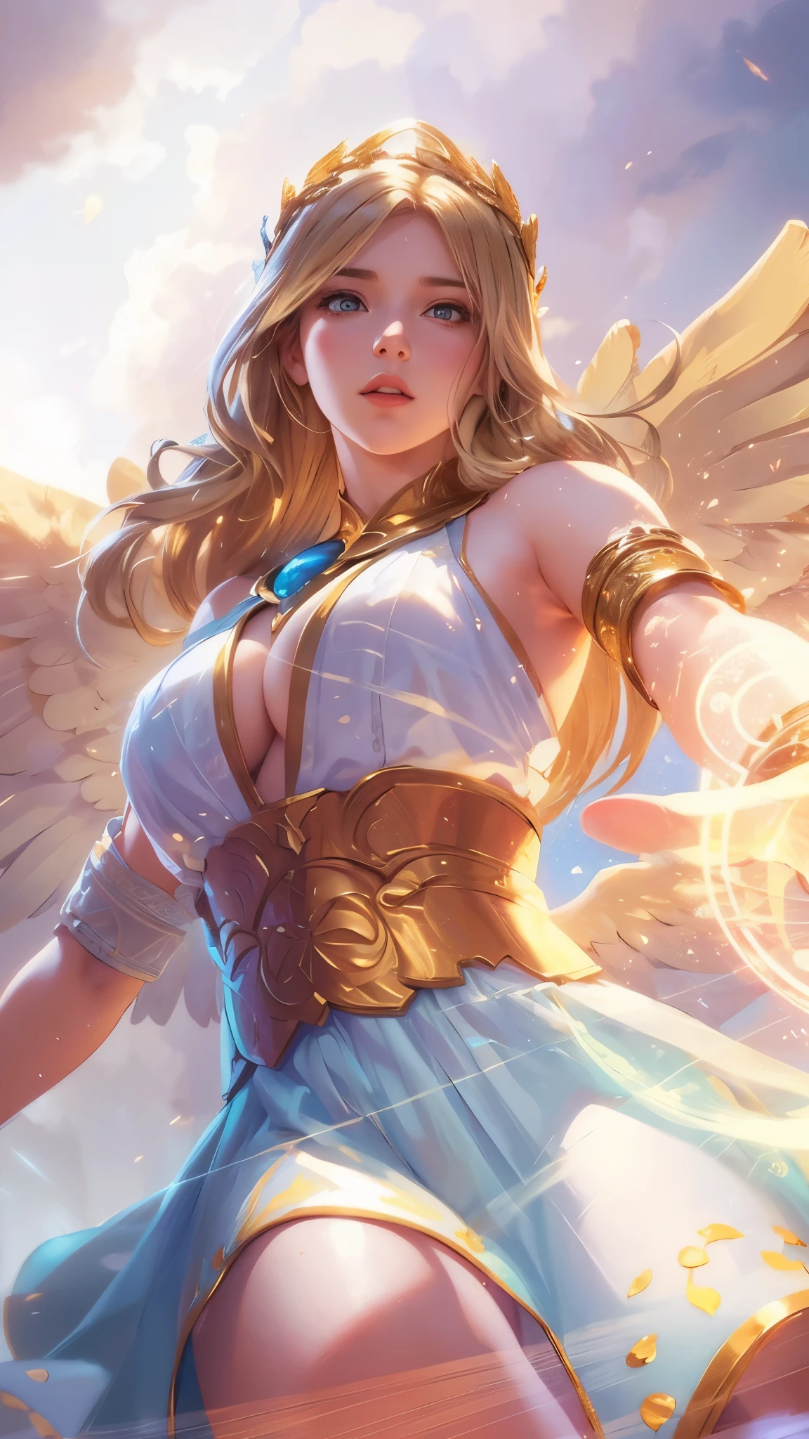 Rafaela, angel, beautiful blonde girl, wings, angelic expression, magical energy, glowing light, ethereal, intricate details, digital art, anime style, vibrant colors, warm lighting, cinematic, fantasy, dreamlike, photorealistic, highly detailed, masterpiece